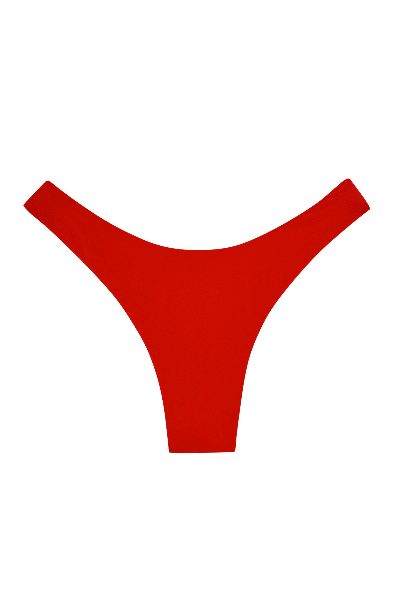 Red thong-style bikini bottom laid flat on a white background.