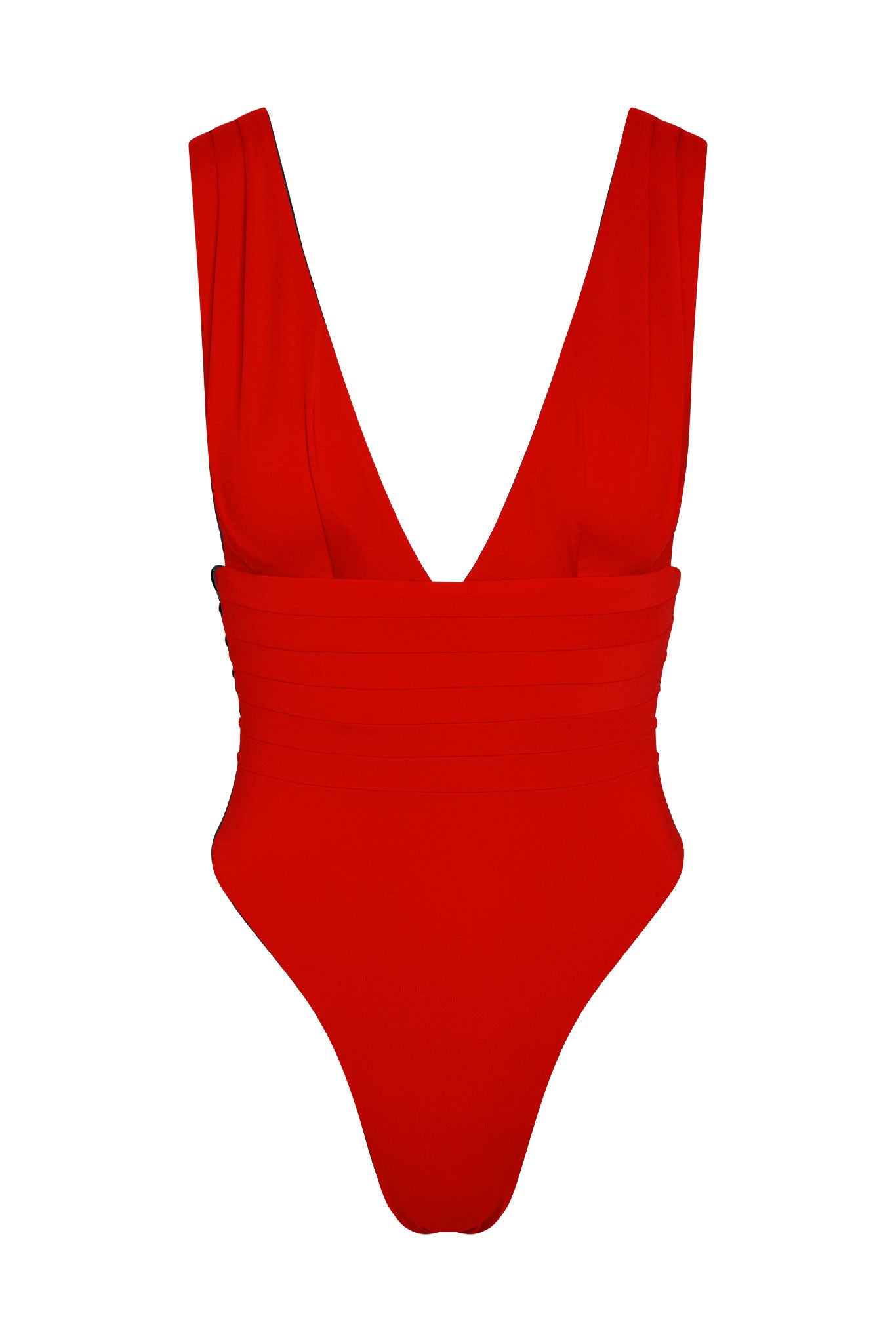Red one-piece swimsuit with deep V-neck and horizontal pleated waist detailing.