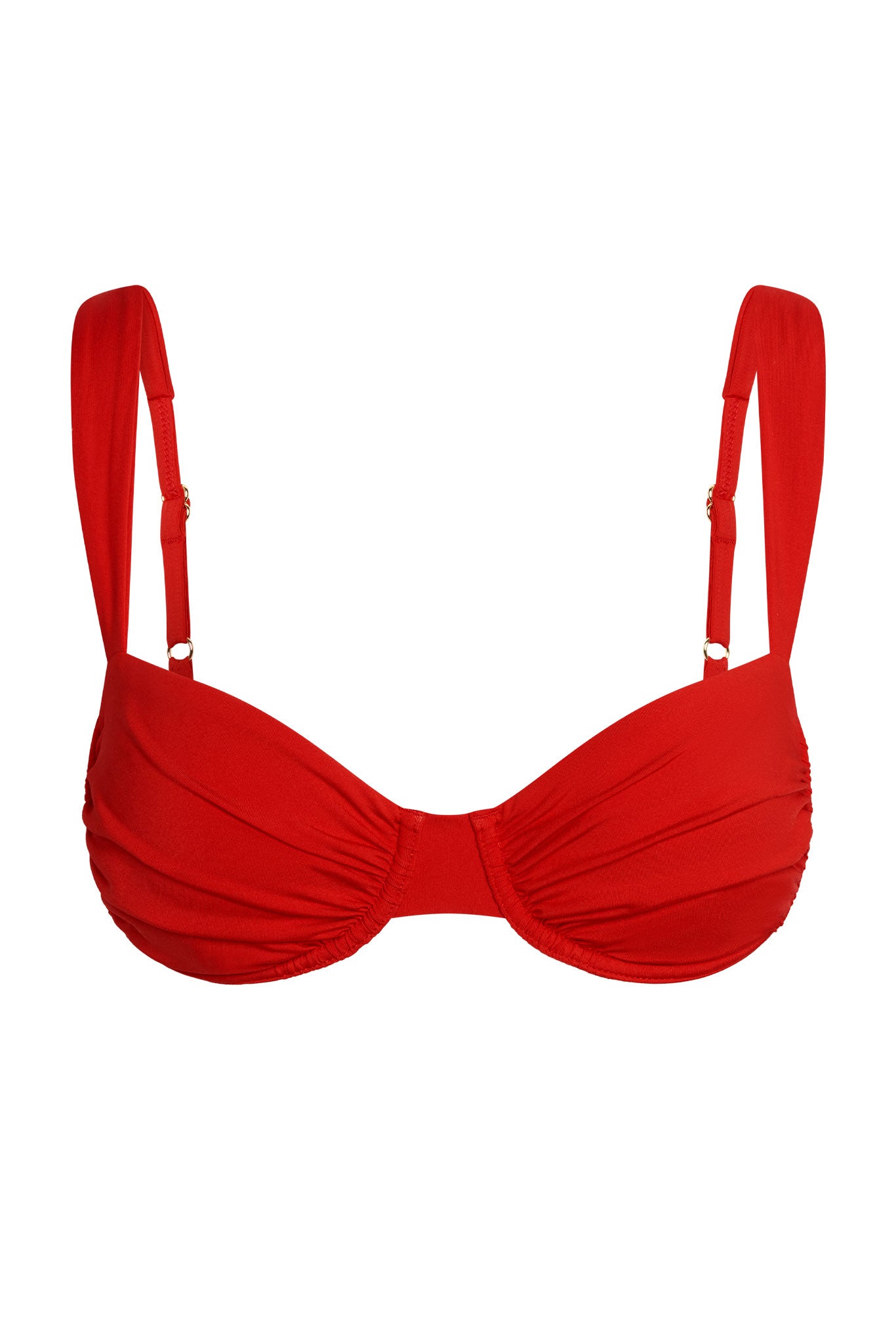 Red ruched underwire bikini top with adjustable shoulder straps