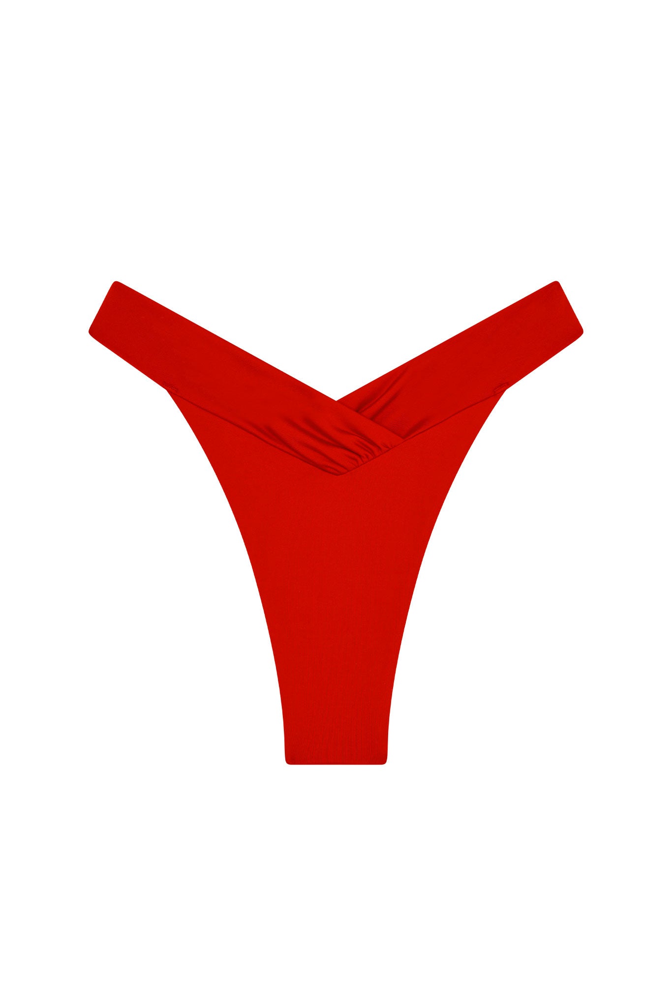 Red high-cut thong bikini bottom laid flat on white background