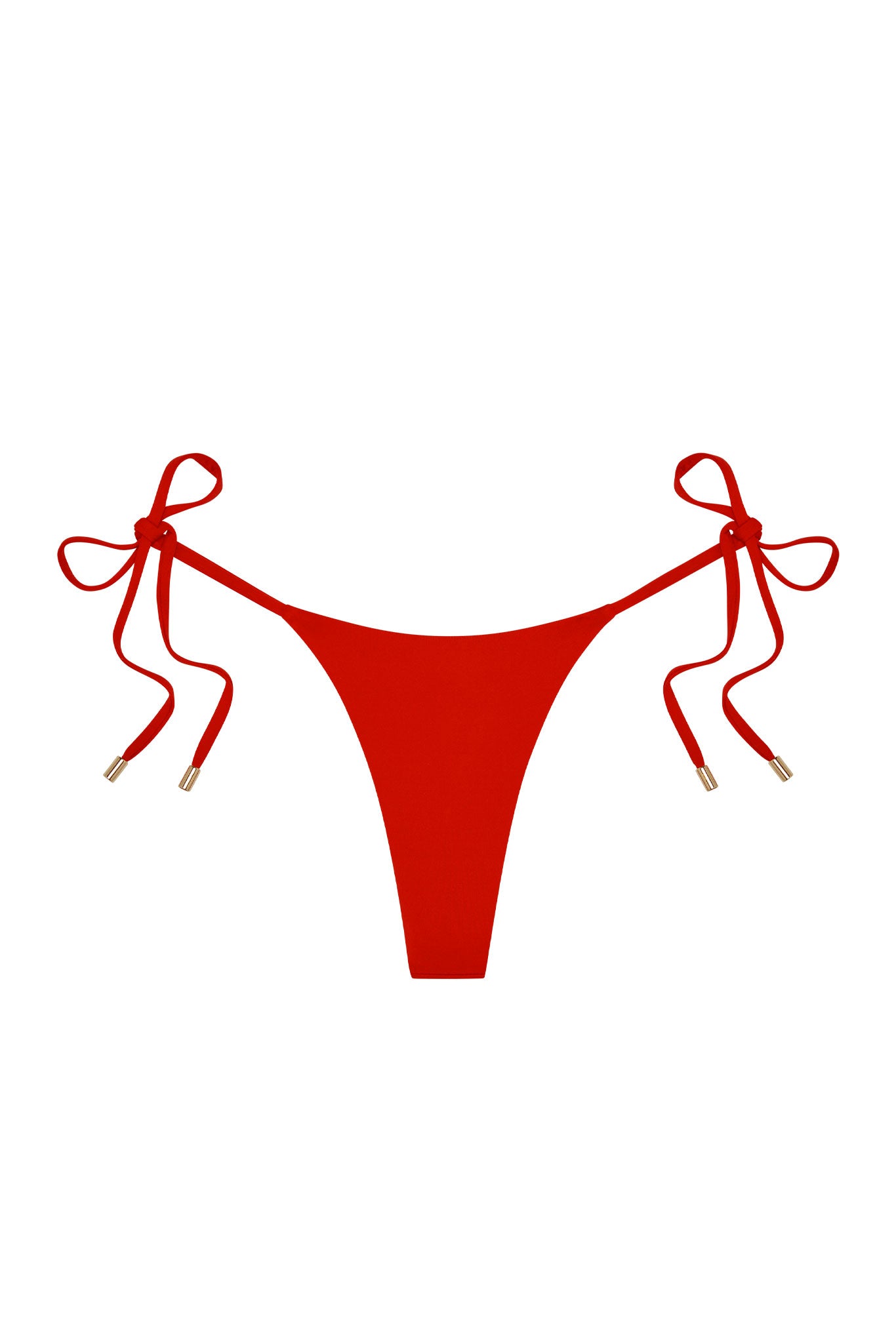Red string bikini bottom with tied side bows and gold-tipped ends on white background.