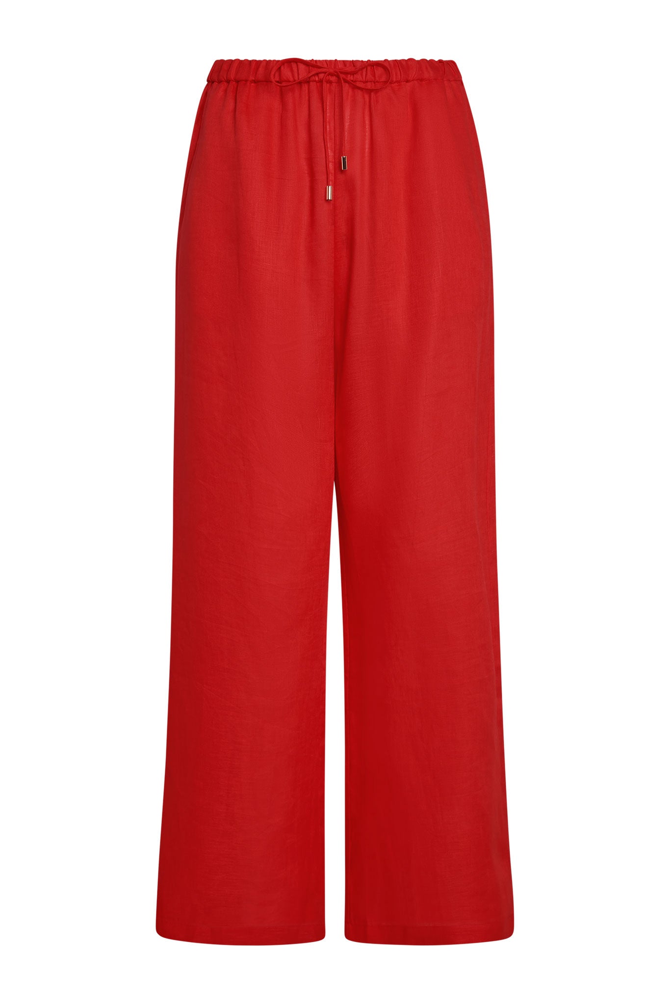 Red wide-leg pants with elastic drawstring waistband and gold-tone aglets