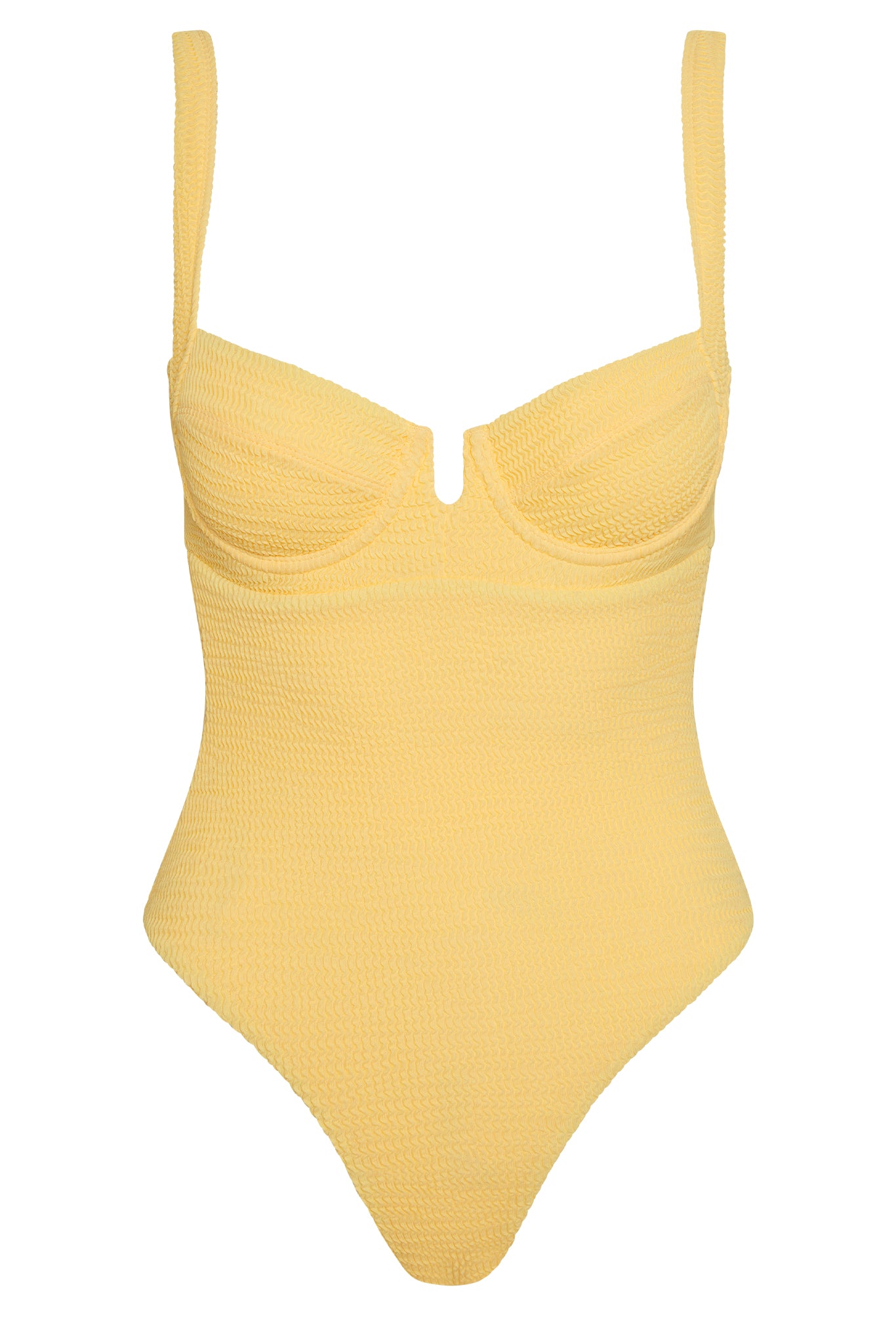 Yellow textured one-piece swimsuit with underwire cups and thin shoulder straps