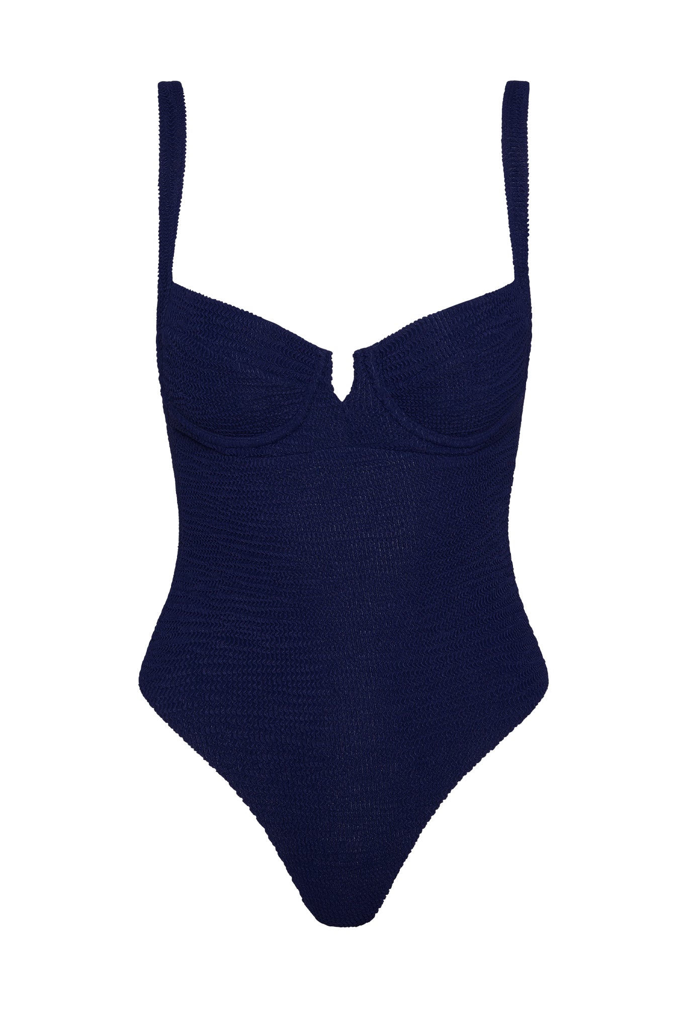 Navy textured one-piece swimsuit with underwire cups and thin shoulder straps, flat lay on white background.