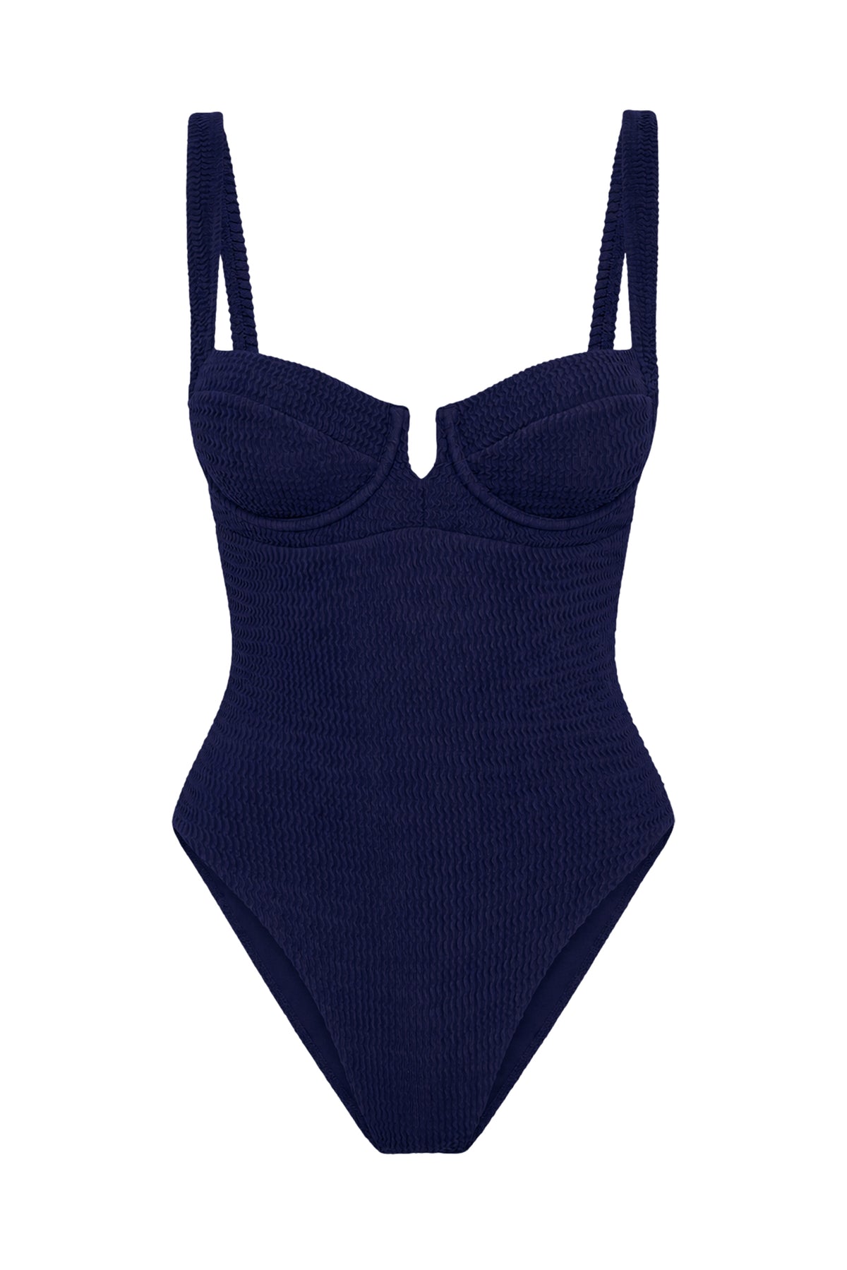 Front view of Clovelly One Piece in Midnight Crinkle showcasing underwire cups and textured fabric against a white background