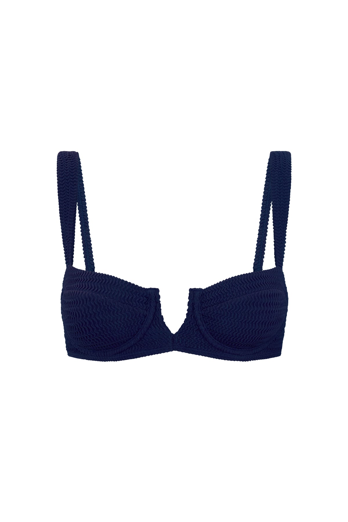 Front view of Clovelly Top in Midnight Crinkle showcasing underwire cups, deep V front, and adjustable straps on white background