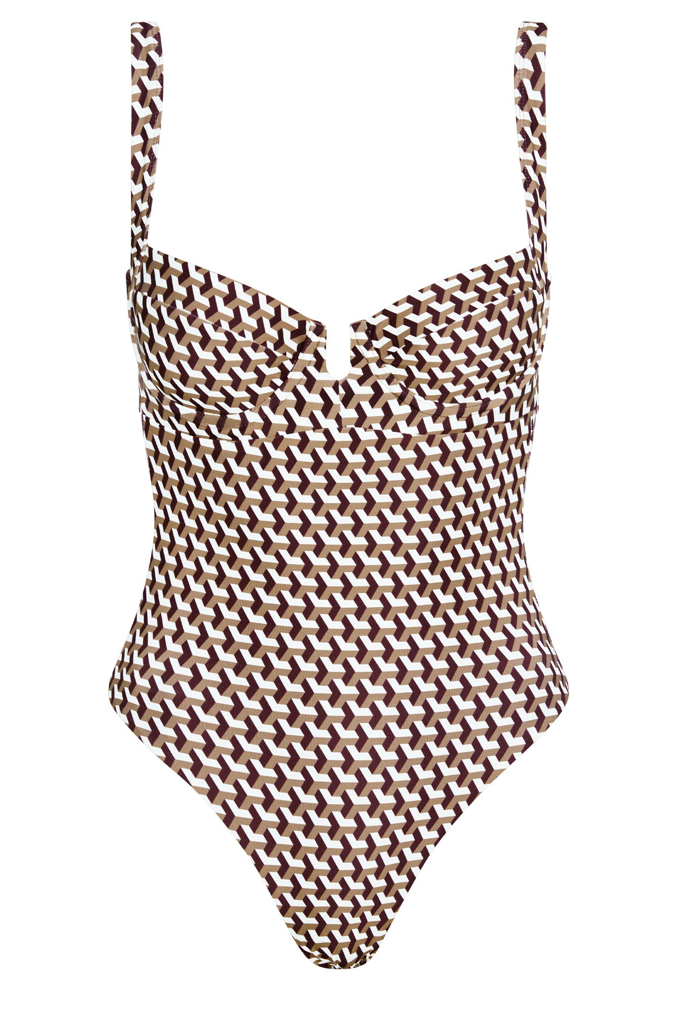 One-piece swimsuit with brown, tan and white geometric tessellation print, underwire cups, straight straps and V-cut front.