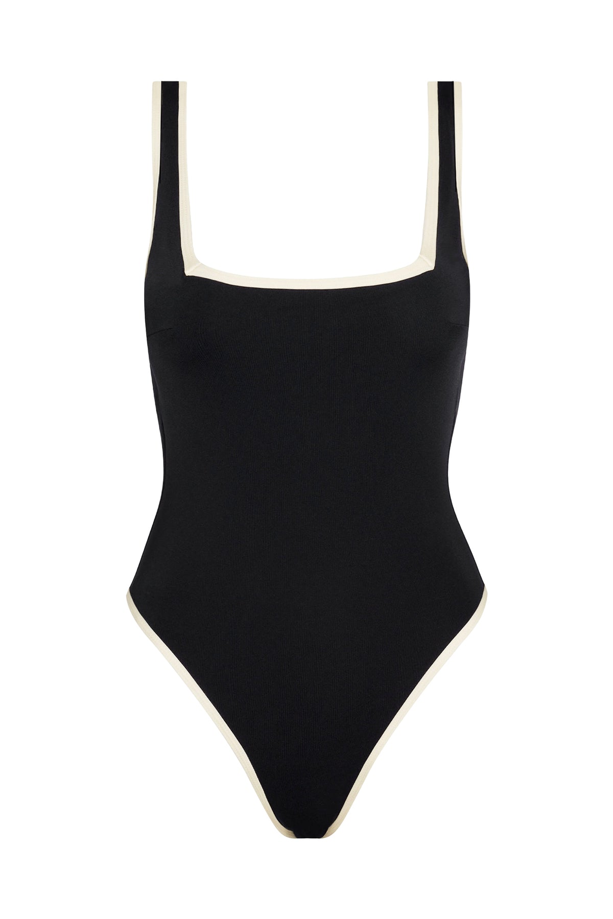 Front view of Corfu Color Block One Piece showcasing black fabric, ivory contrast binding, square neck, and shoulder straps on white background