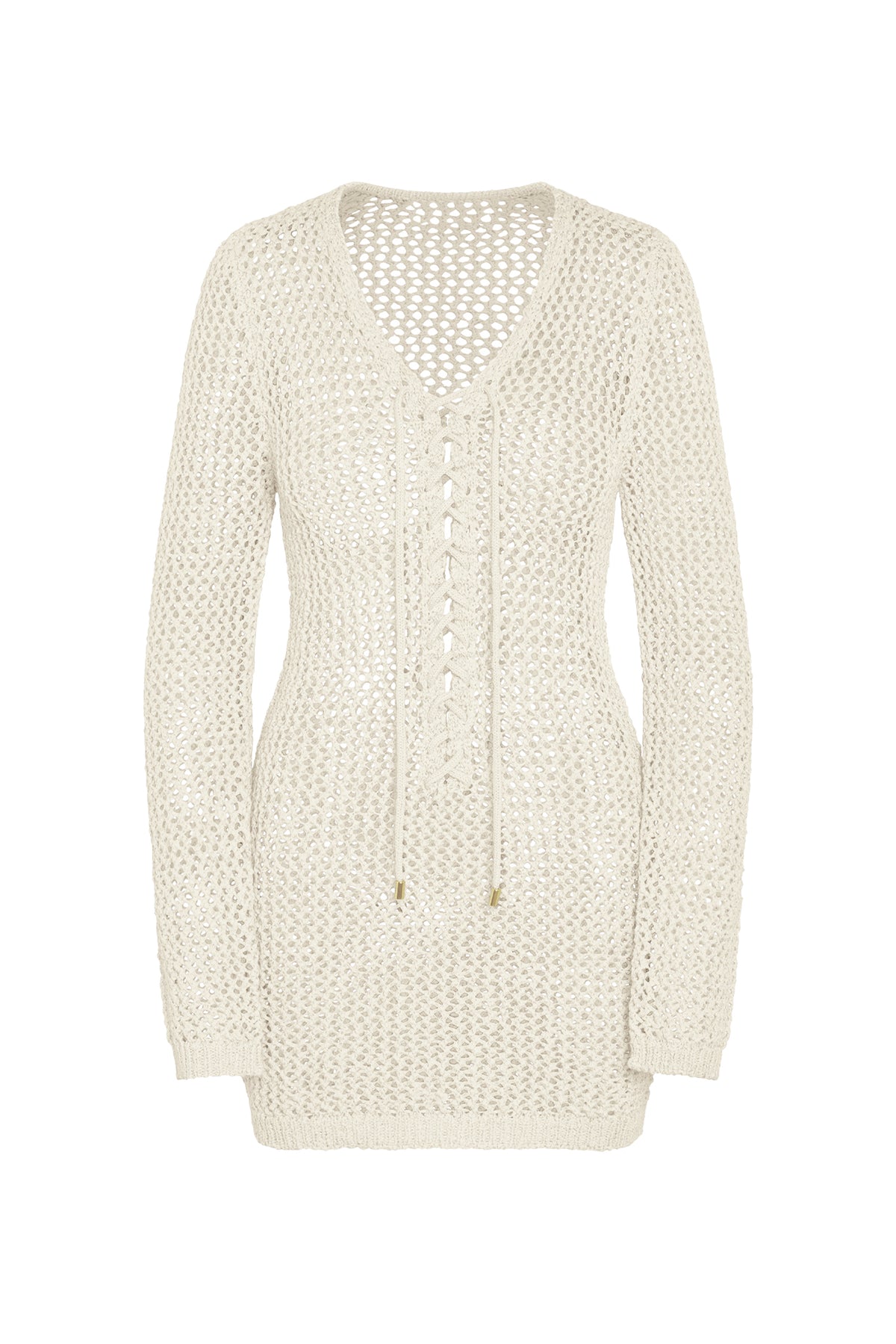 Front view of Corossol Mini Dress in ivory petit crochet showcasing lace-up neckline, gold details and long sleeves