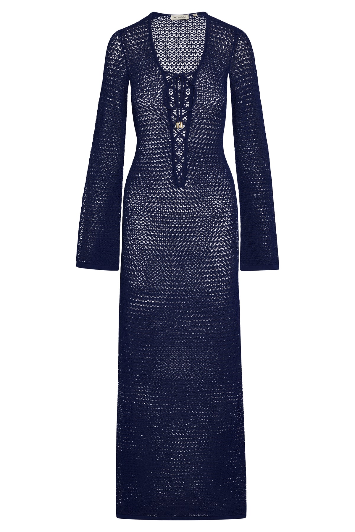 Front view of Corossol Dress in Midnight Lace Crochet showcasing sheer knit, lace up neckline, gold details, and flared sleeves
