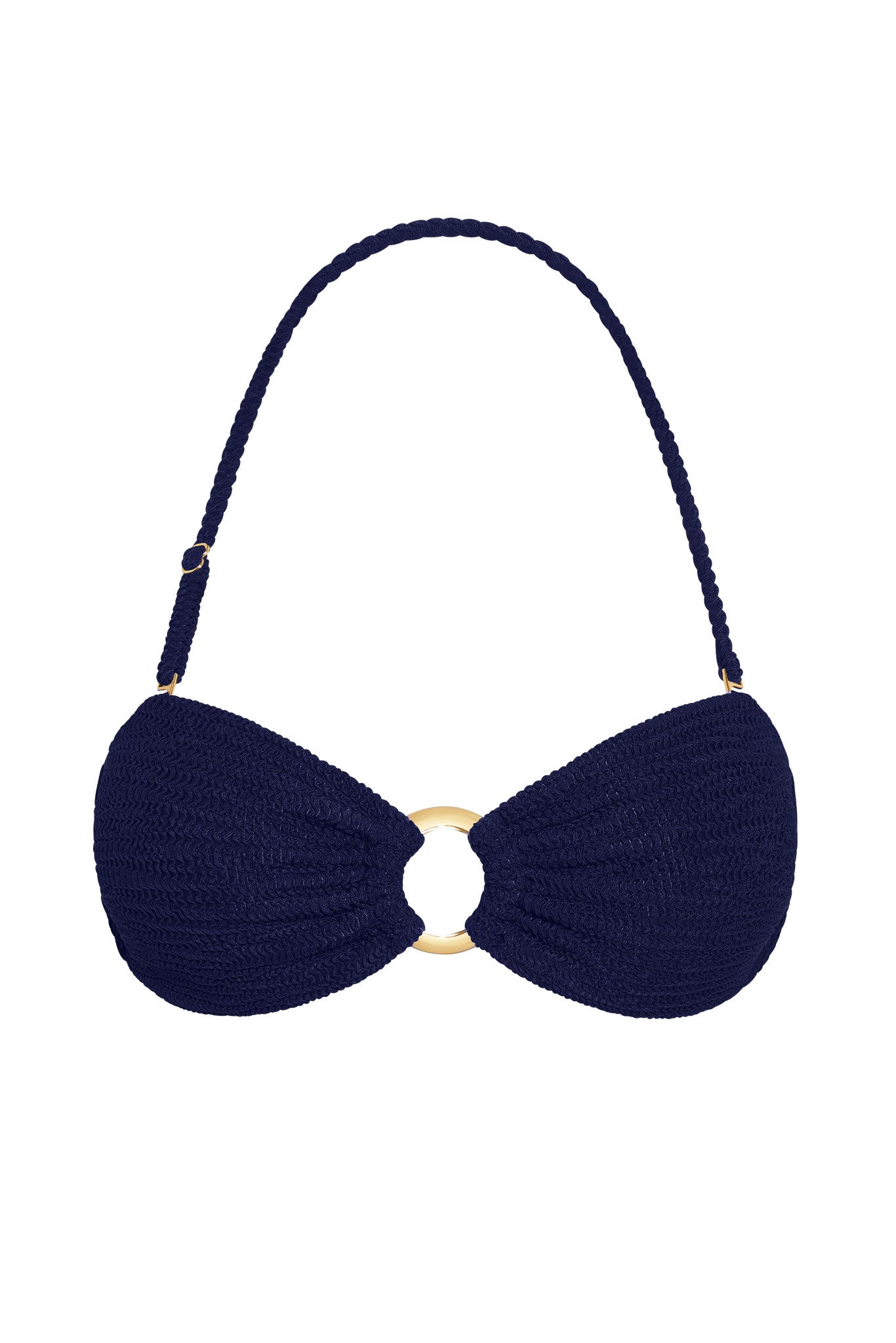 Navy blue crocheted bikini top with braided halter strap and gold center ring