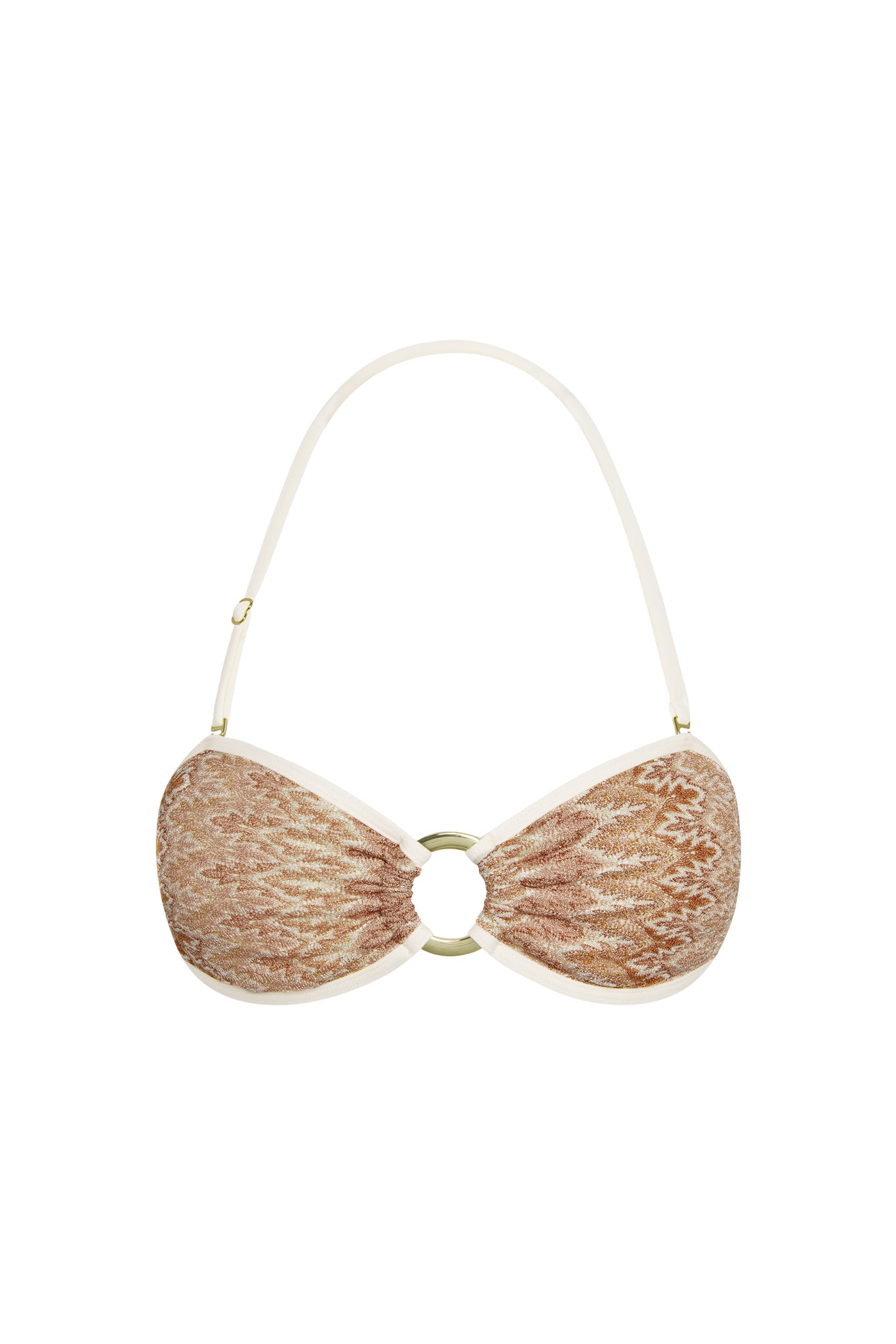 Front view of Costa Rica Top color block bikini in Porto Cervo Gold showing gold center ring and adjustable cream straps on white background