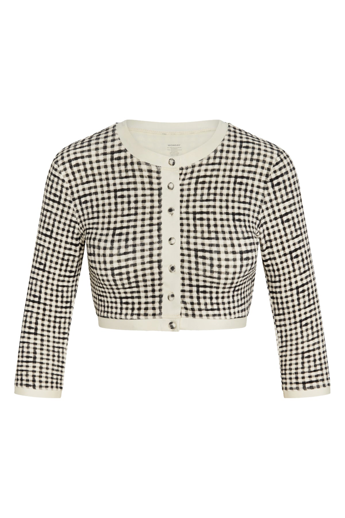 Front view of Crete Swim Cardi in black gingham showcasing cropped fit, cream trim, button front, and three-quarter sleeves on white background