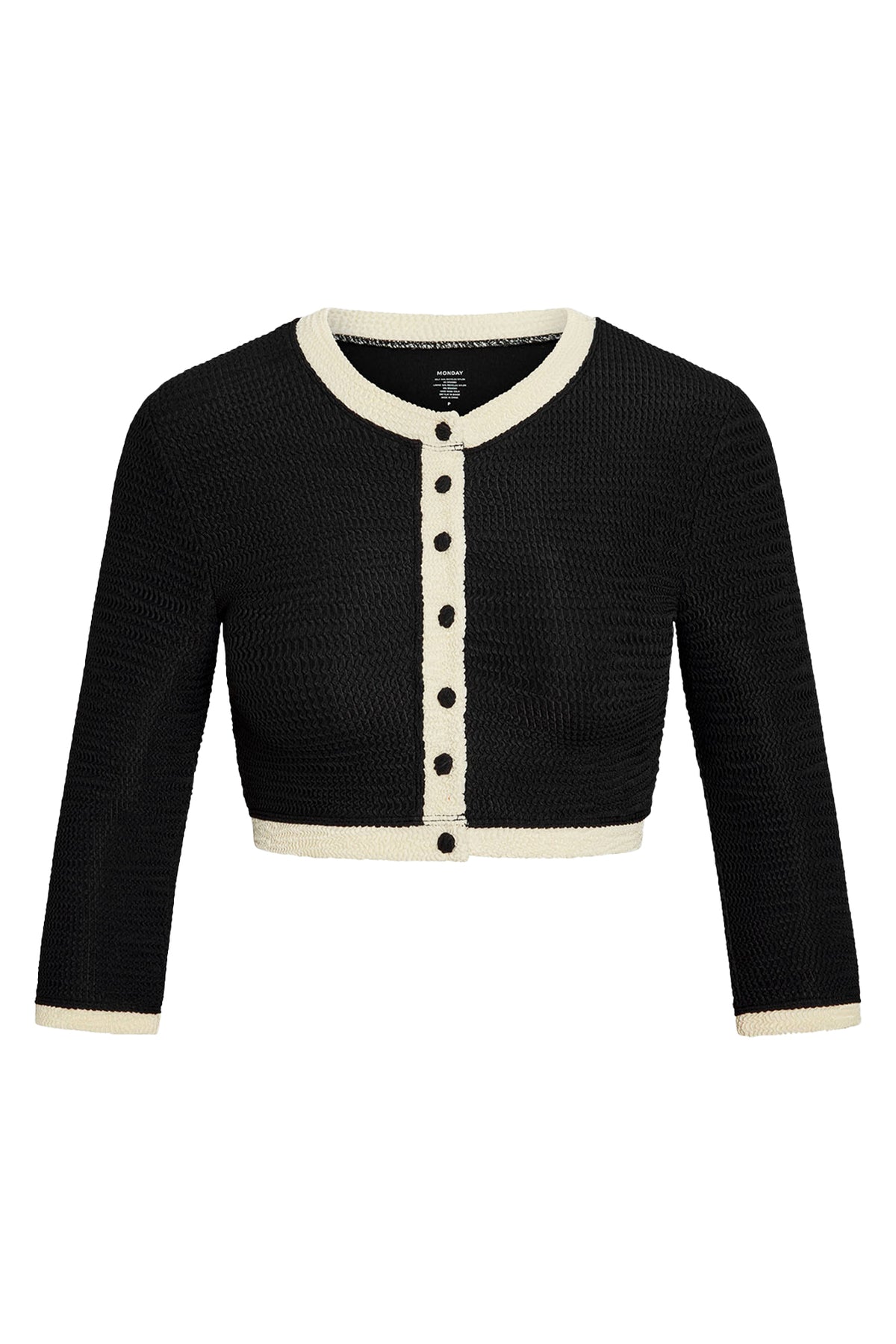 Front view of black and ivory crinkle Crete Swim Cardi with cropped fit, three-quarter sleeves, ivory trim and button front