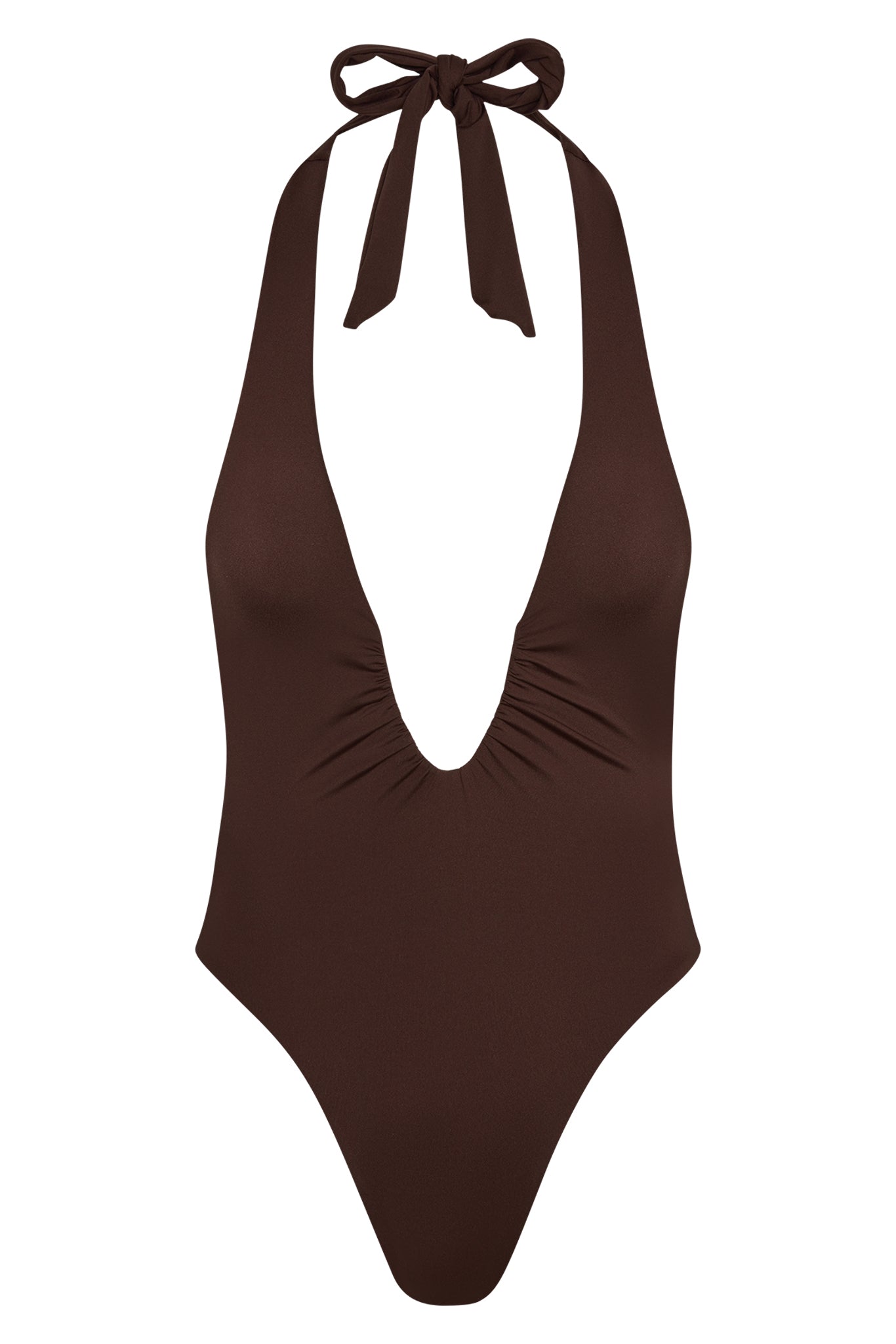 Front view of Croatia one-piece in espresso with deep halter plunge, neck tie and ruched front on white background