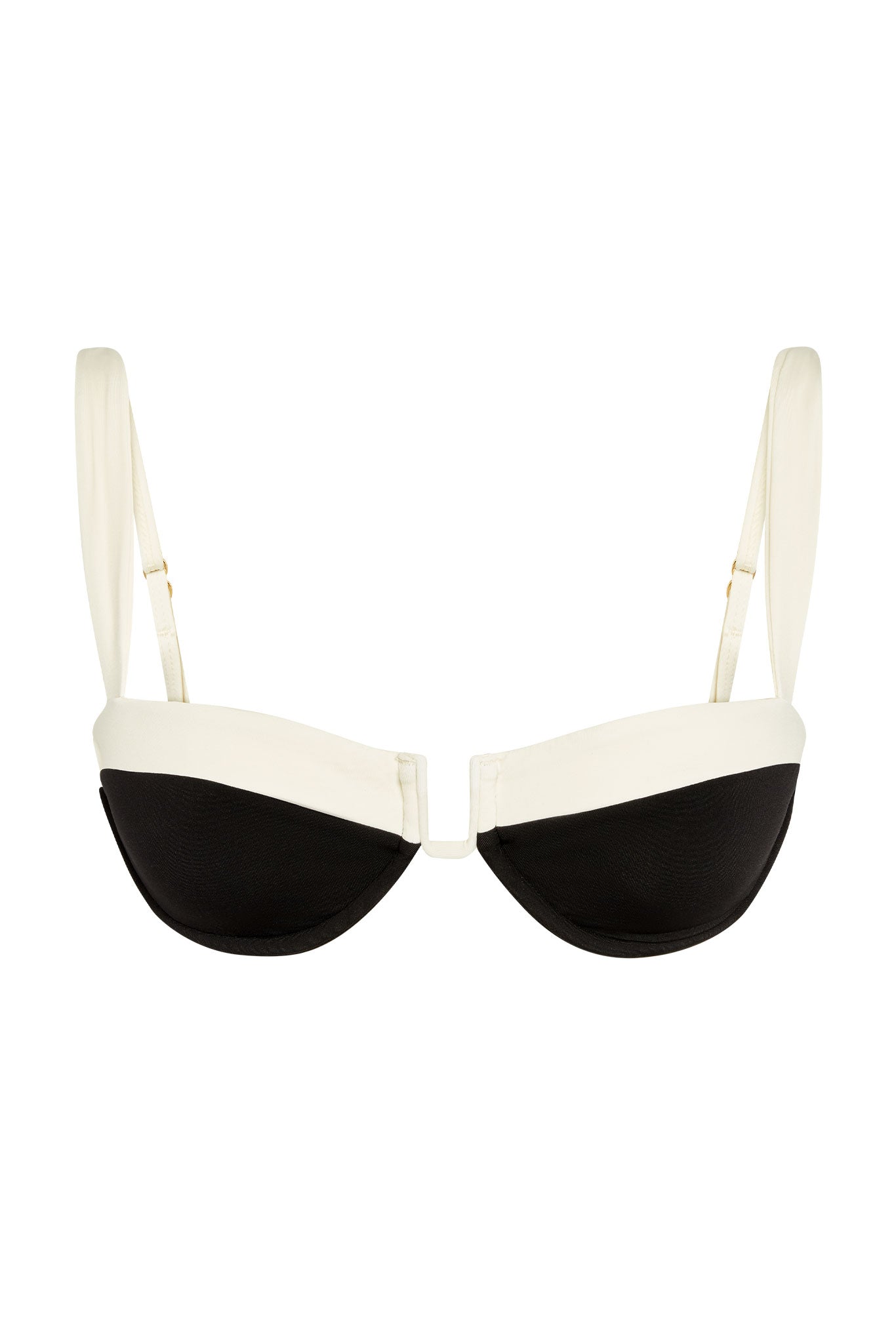 Black-and-white underwire balconette bra with white top trim and adjustable shoulder straps