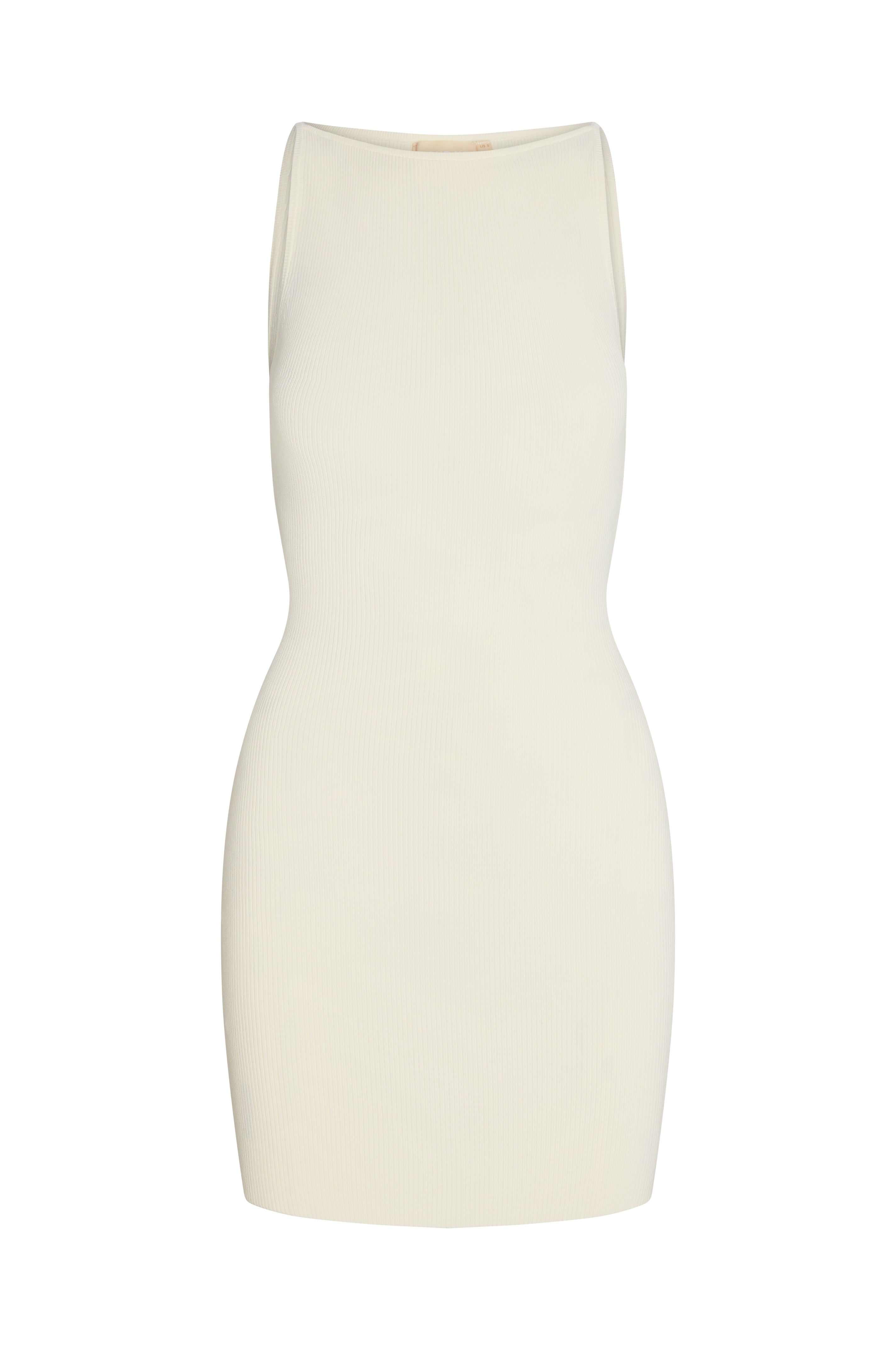 Cream ribbed sleeveless bodycon mini dress with high boat neckline