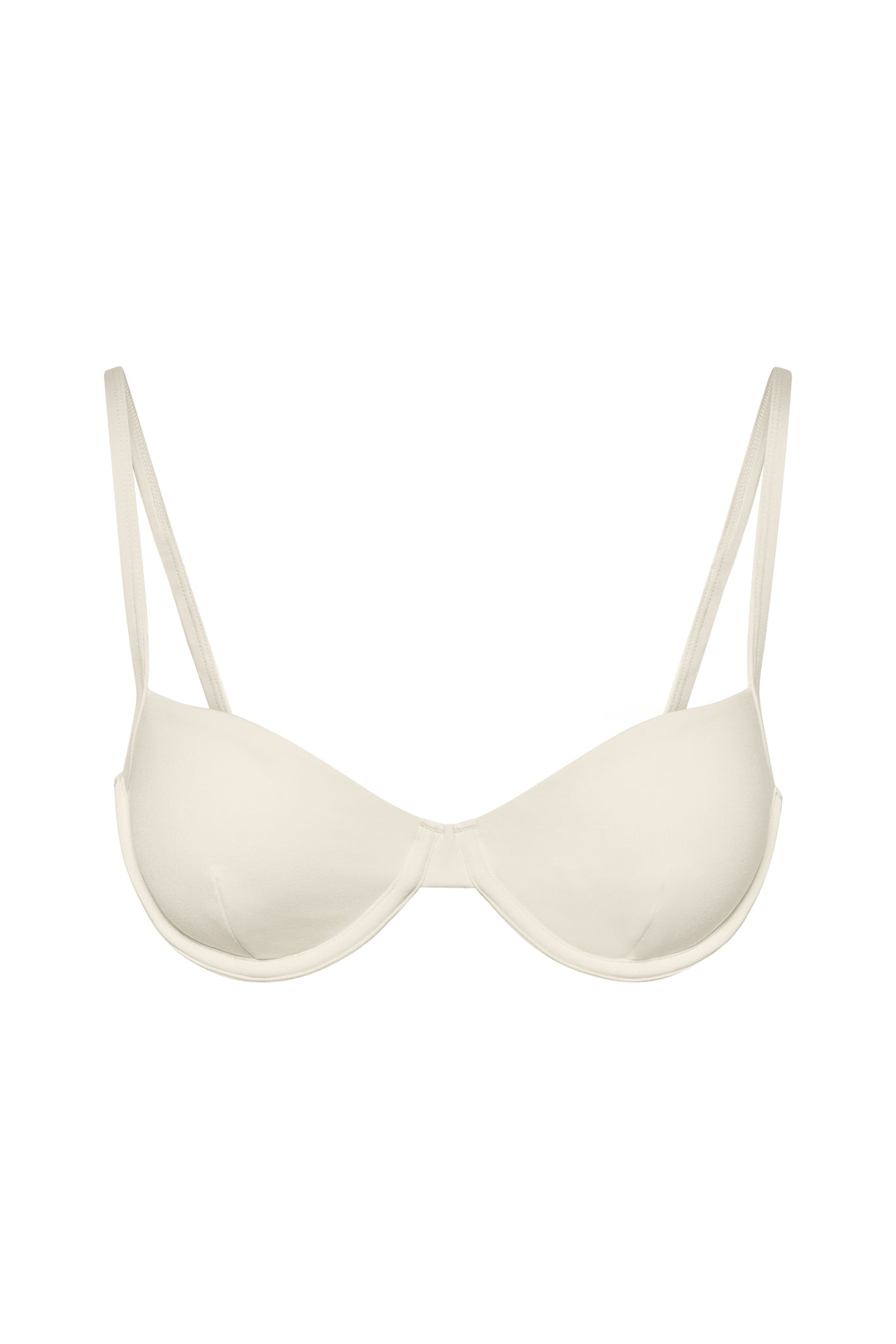 Cream underwire bra with molded cups and thin adjustable straps, front view