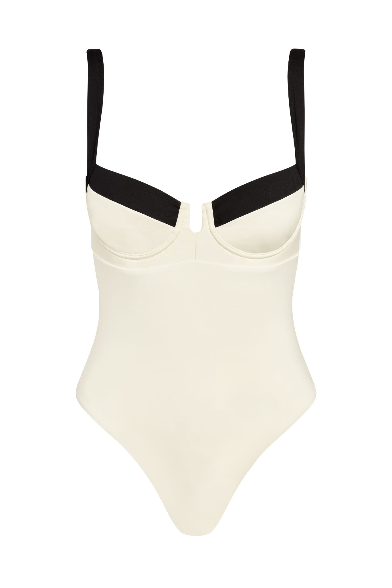 Cream one-piece underwire swimsuit with black shoulder straps and black upper-cup trim, V-shaped center detail