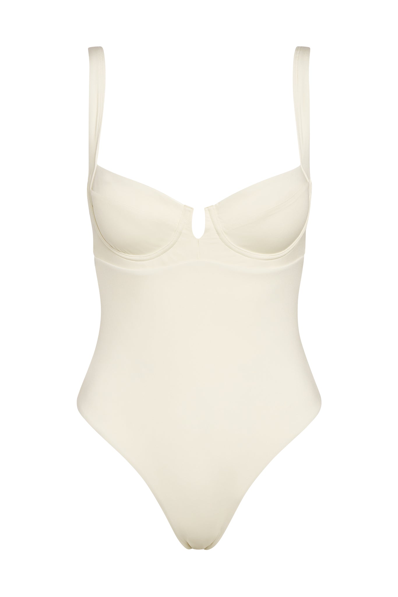 Cream underwire one-piece bodysuit with plunging center and adjustable straps