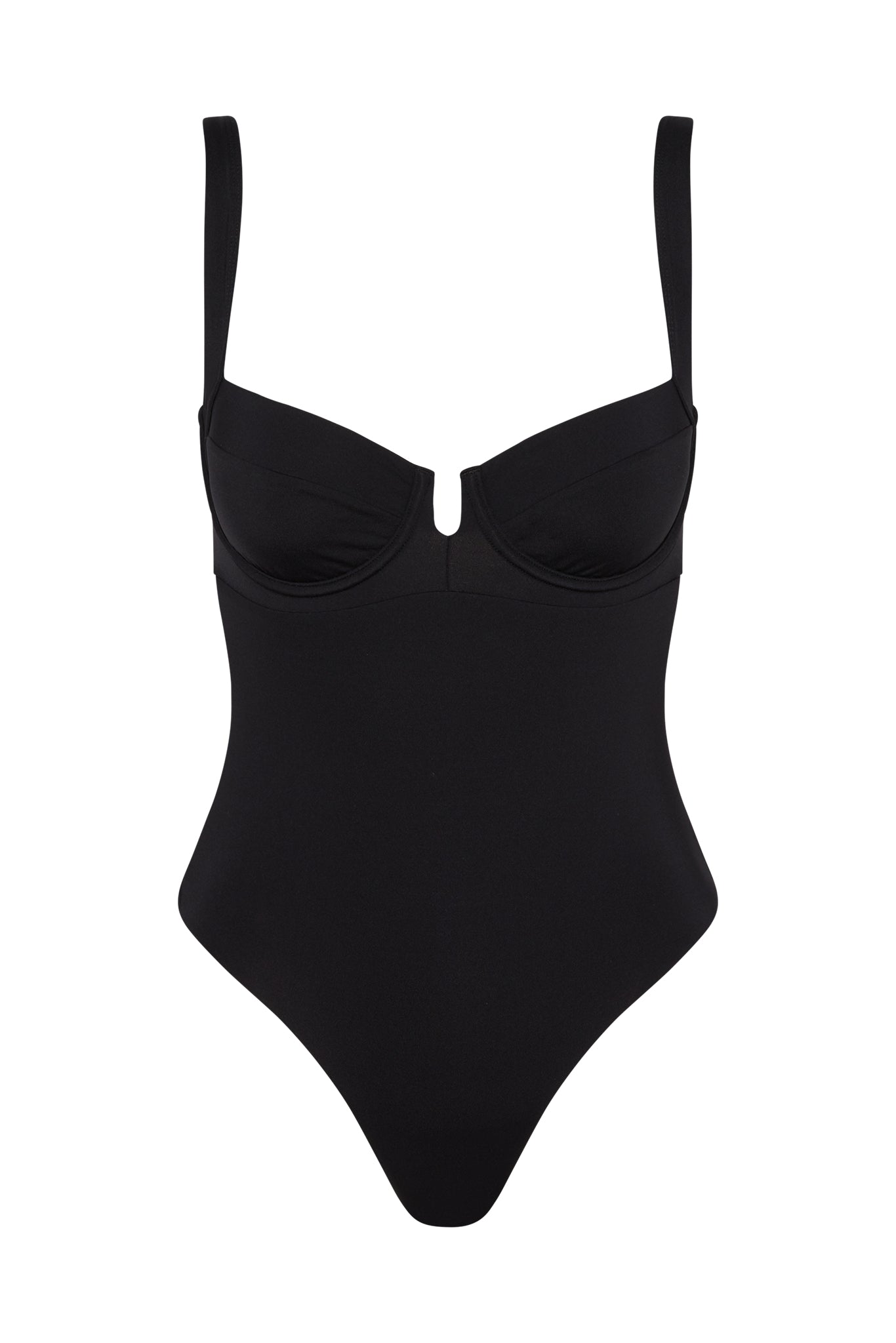 Black one-piece swimsuit with underwire cups, U-shaped center notch, adjustable shoulder straps and high-cut leg.