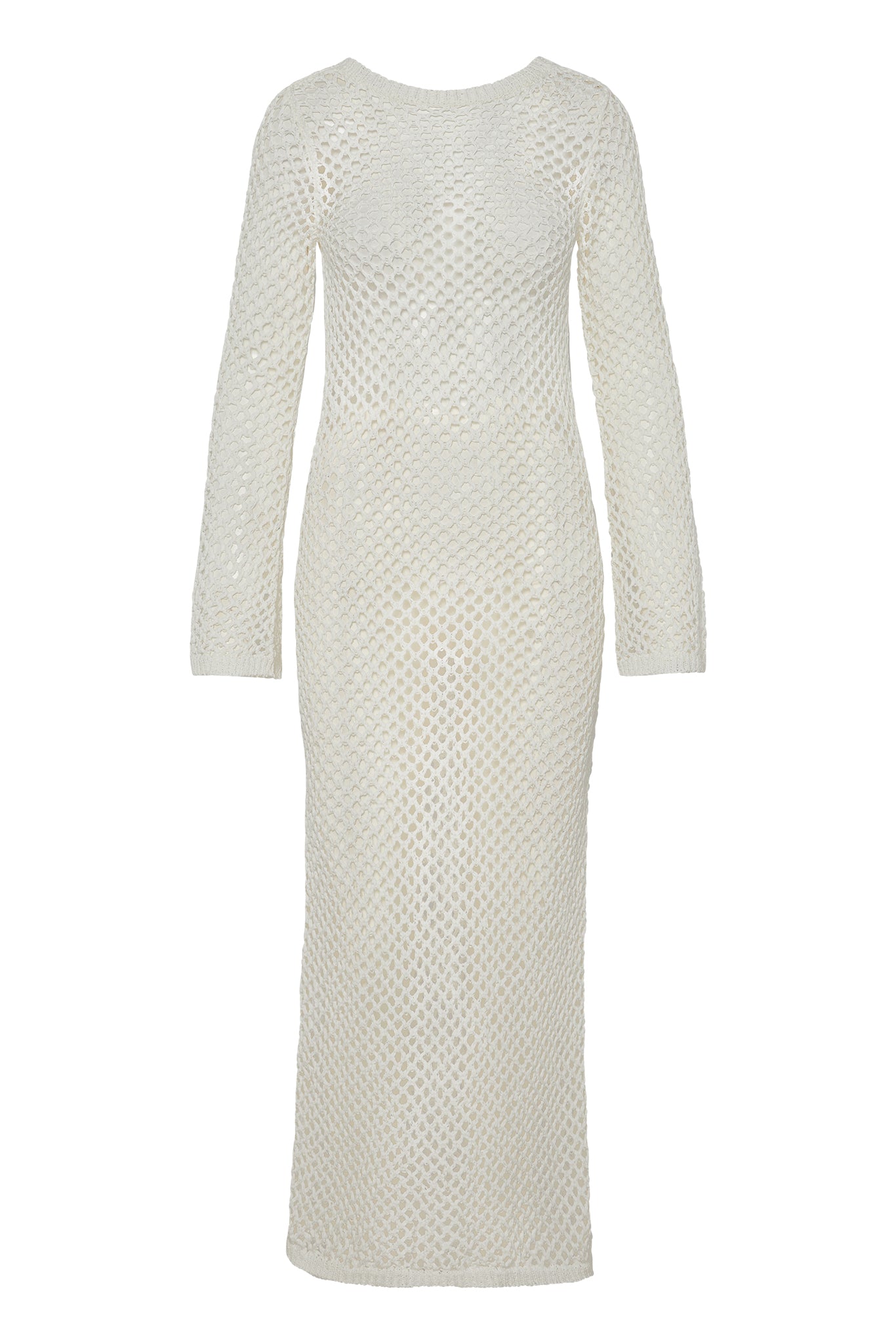 Cream open-knit long-sleeve maxi sweater dress with diamond mesh pattern