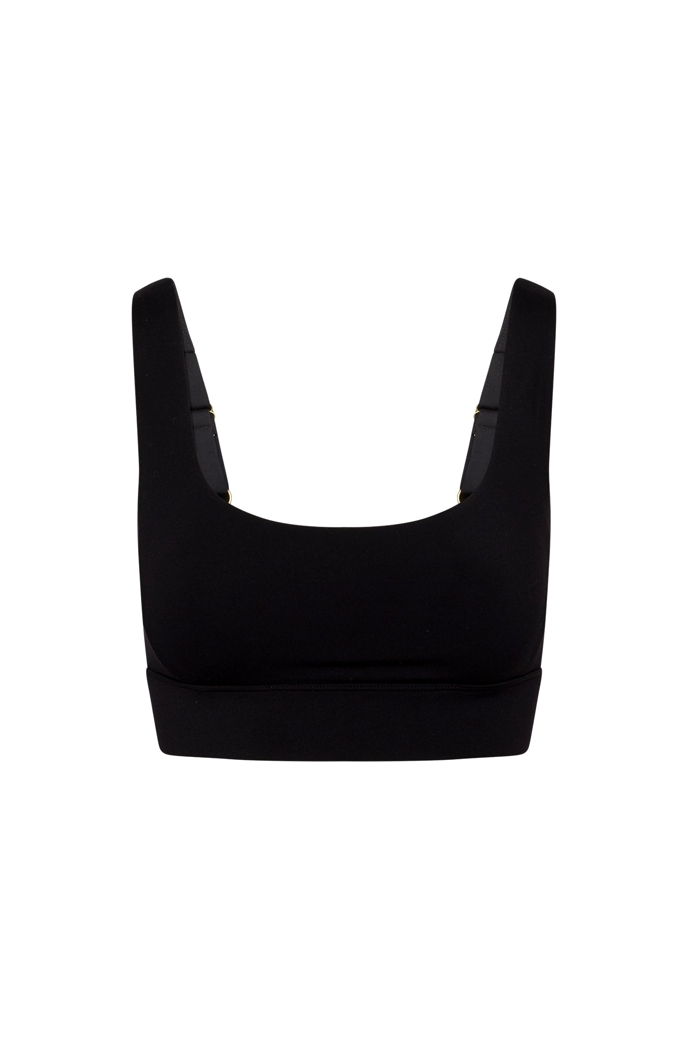 Black square-neck sports bra with wide straps and elastic underband, front view on white background