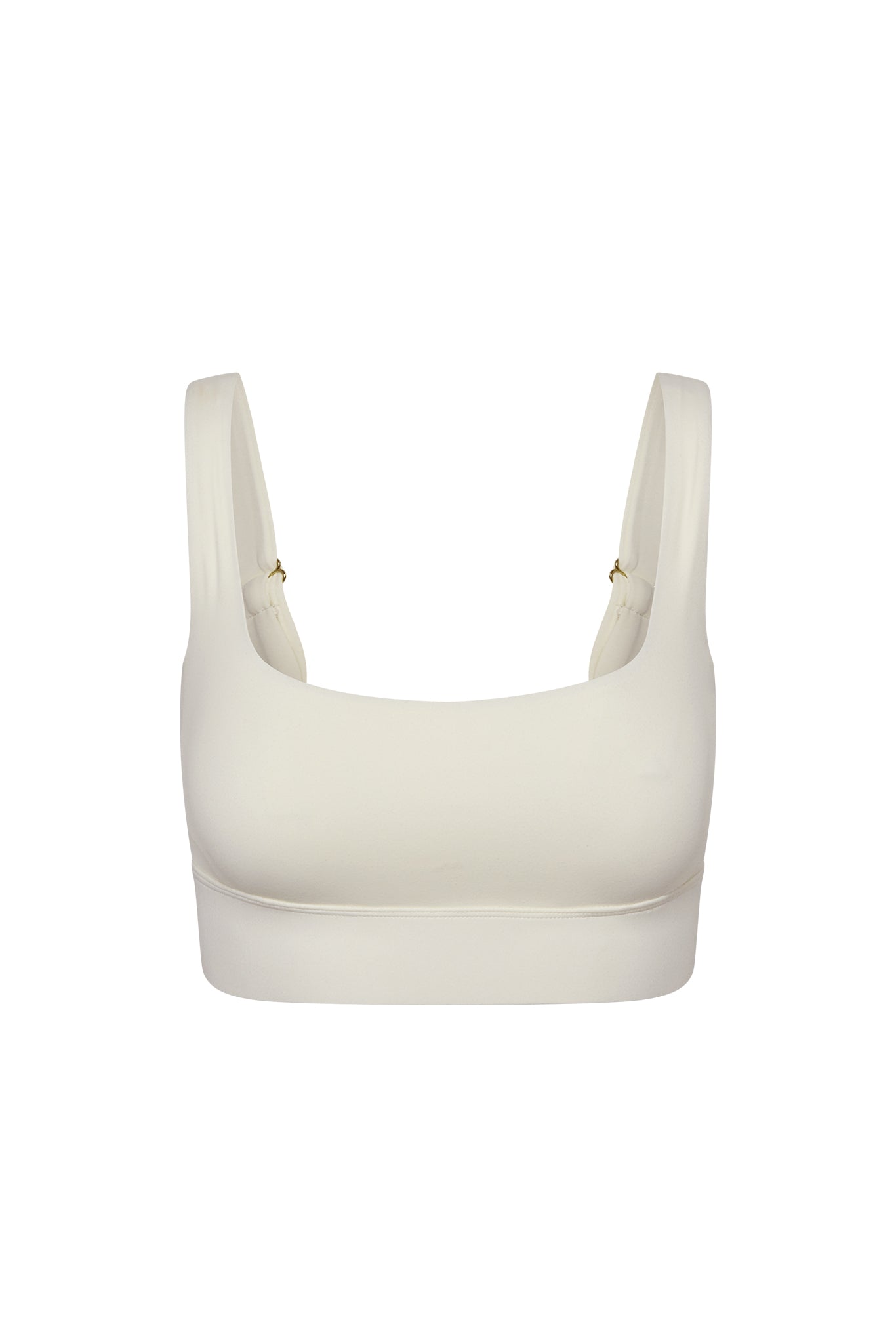 Cream-colored seamless square-neck bralette with wide straps and supportive underband on white background.