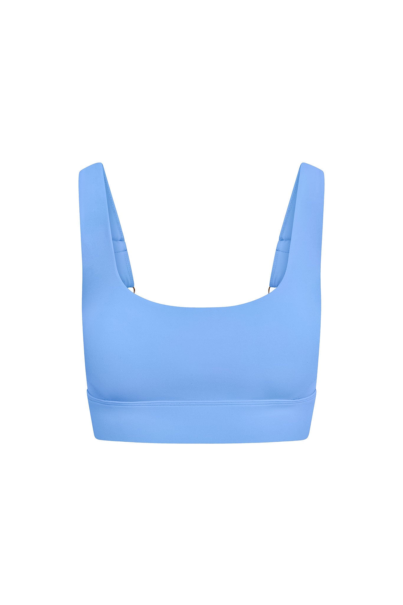 Light blue scoop-neck sports bra with wide straps and supportive band, front view on white background.