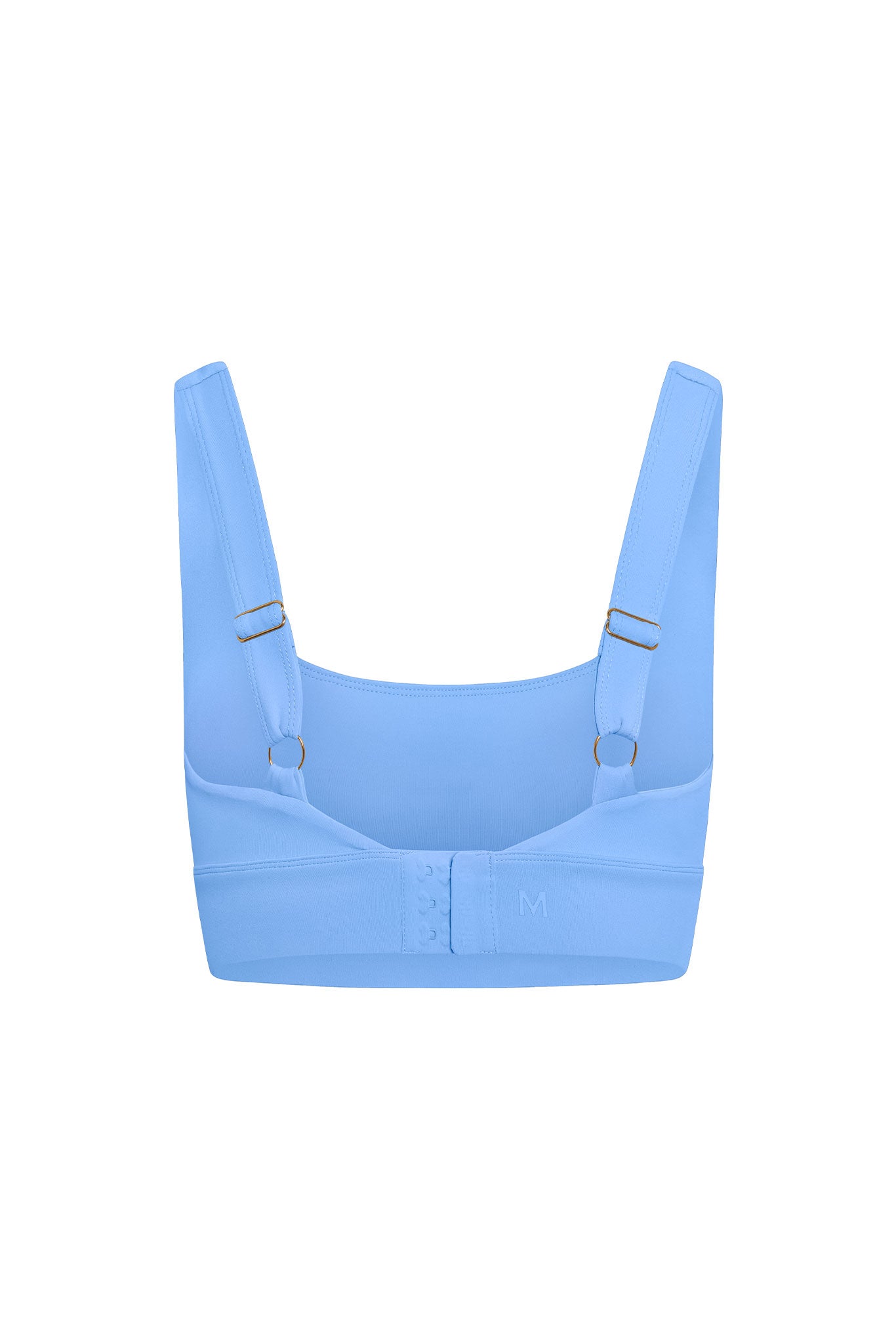 Back view of light blue bra with adjustable straps, two-row hook closure, band marked 'M'.