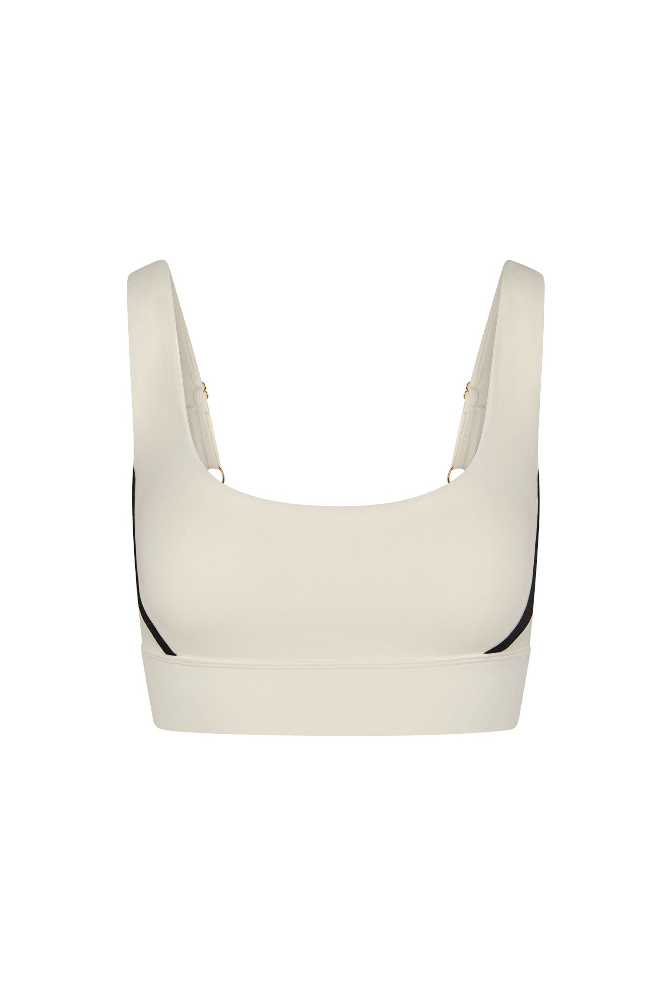 Ivory sports bra, scoop front, wide adjustable straps, black side piping and elastic underband, front view