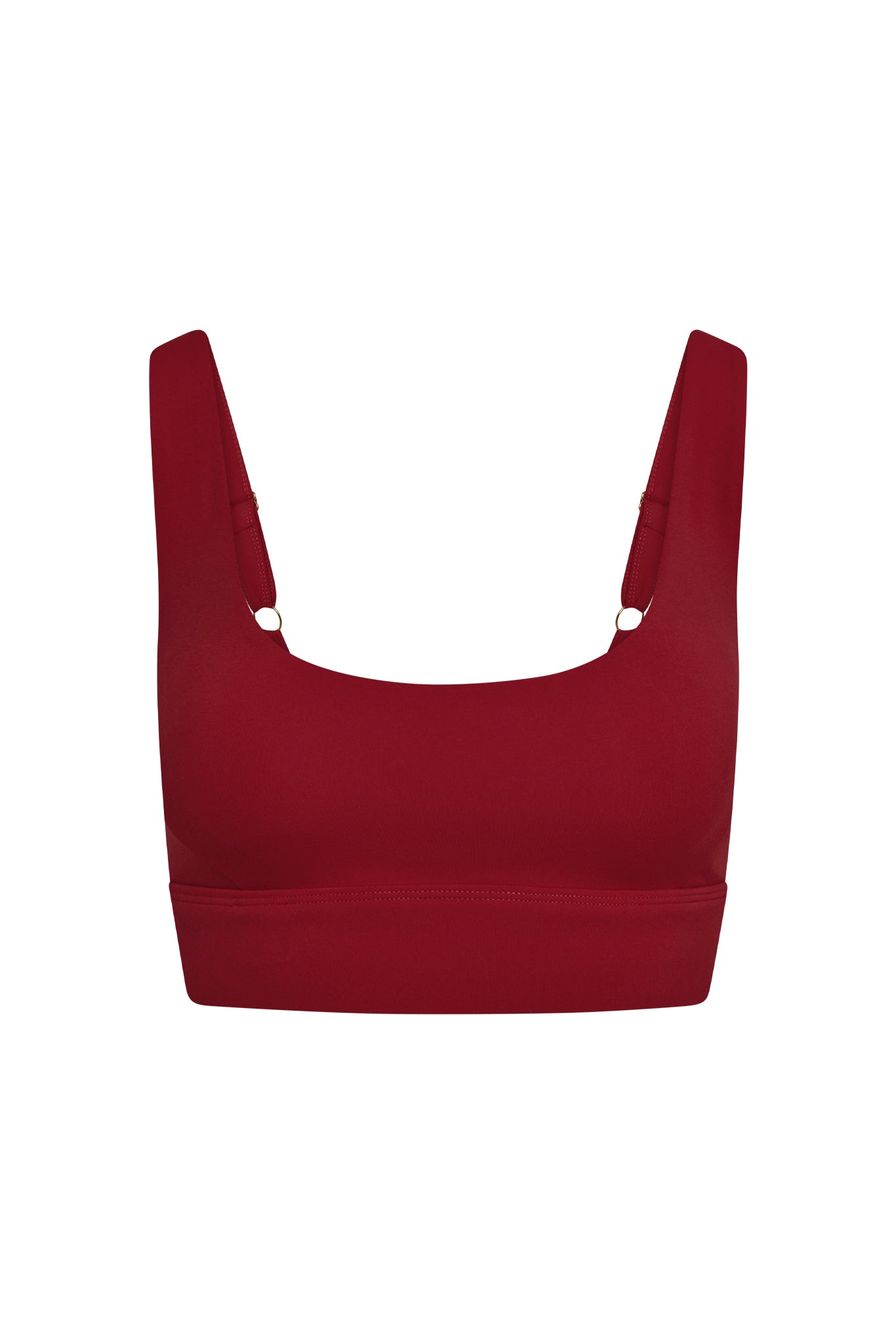Front view of Devin Bra in cherry showing scoop neckline and thick adjustable straps with gold ring hardware on a white background