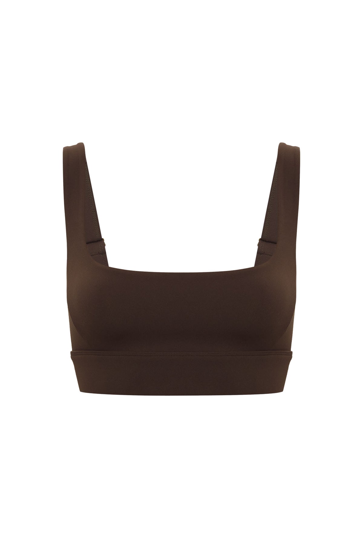 Front view of The Devin Bra in espresso with scoop neckline, adjustable straps, thick underband, and white background