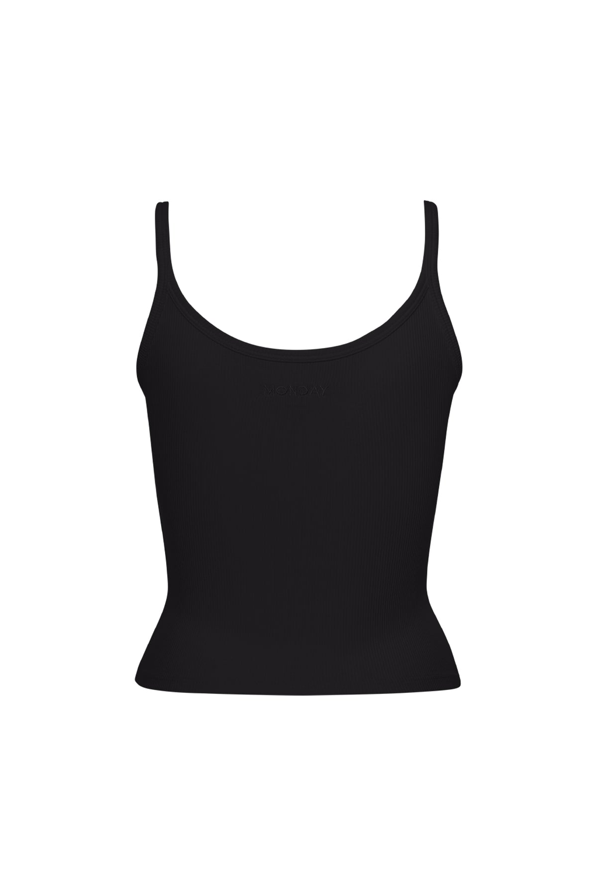 Front view of Devin Tank Crop in black rib showcasing scoop neckline and thin straps with white background