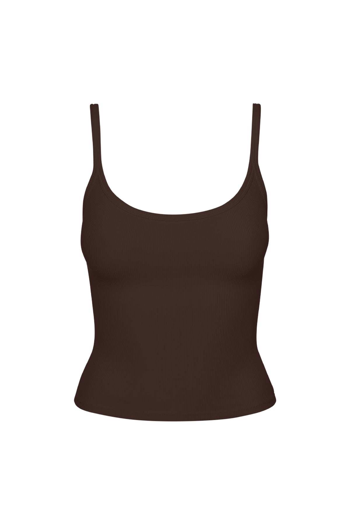 Front view of the Espresso Devin Tank showcasing thin ribbed fabric and scoop neckline on a white background