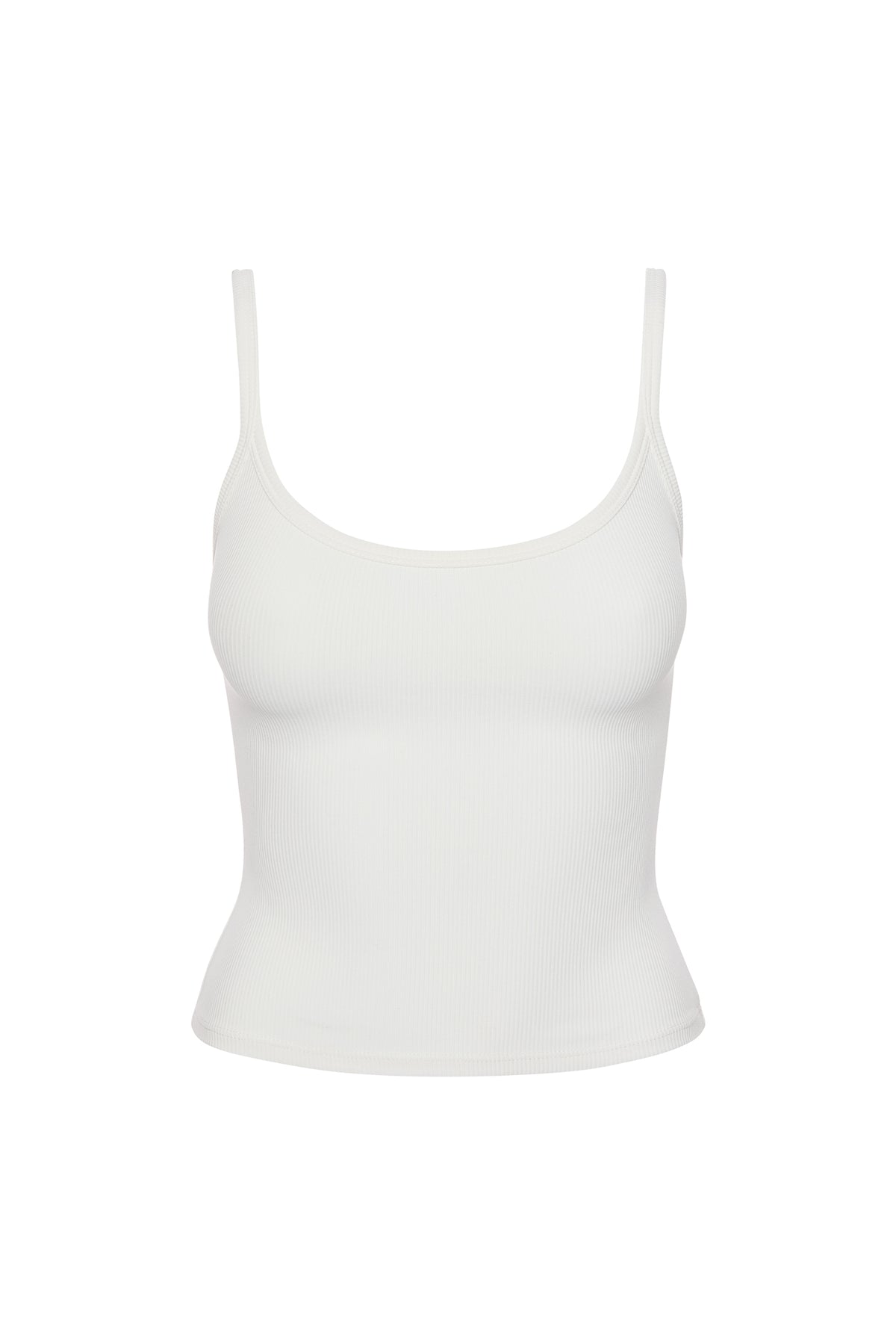 Front view of Devin Tank in White Thin Rib showcasing scoop neckline and thin rib fabric on a white background