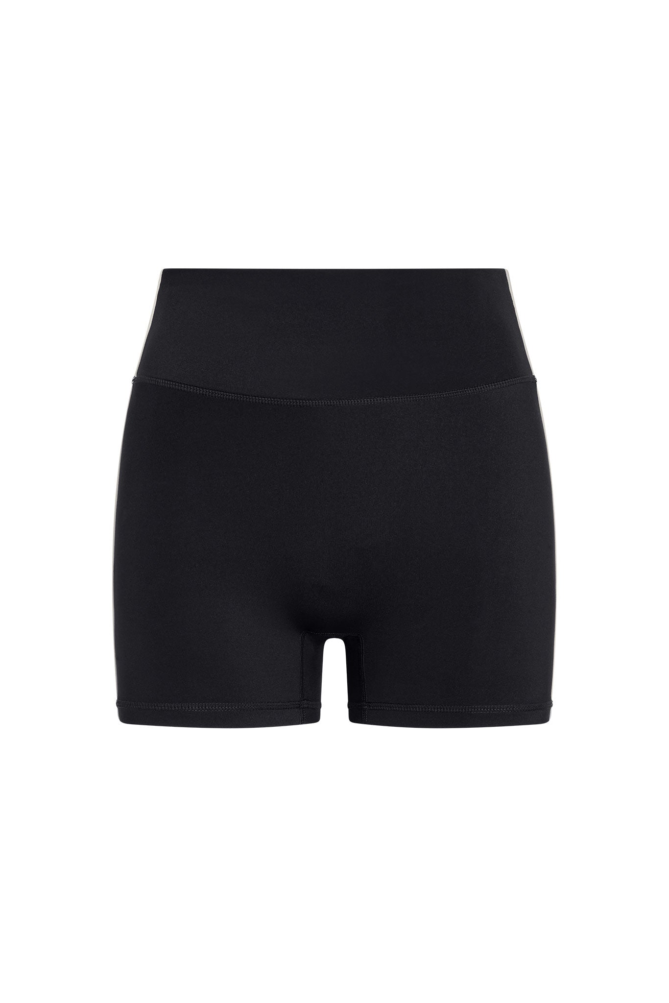 Black high-rise mid-thigh athletic shorts on white background