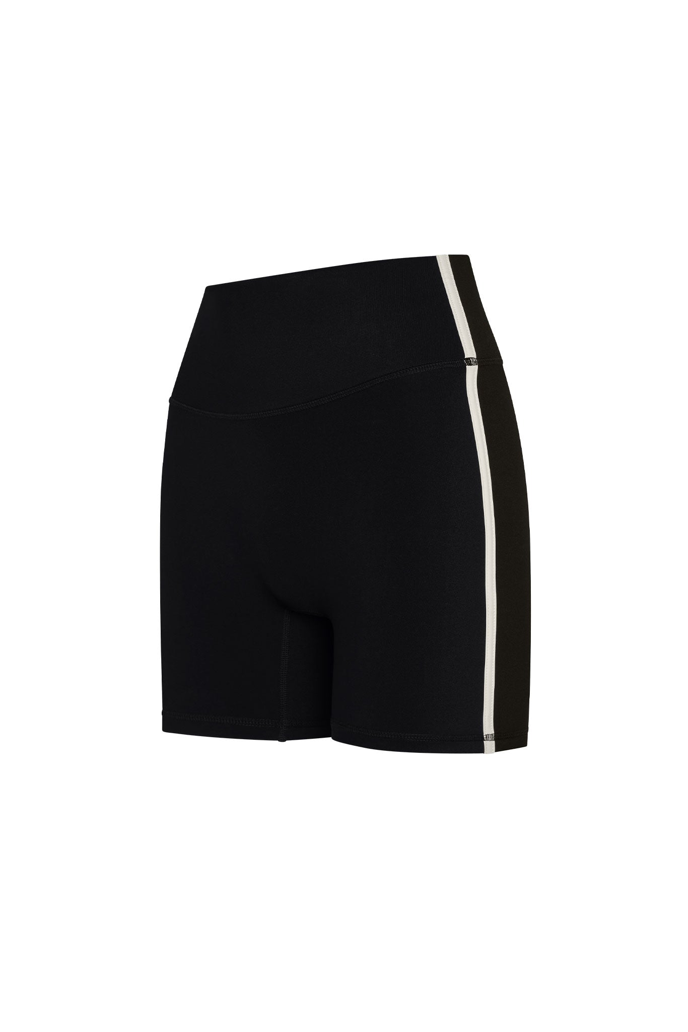 High-waisted black bike shorts with a white vertical side stripe and contoured stitching