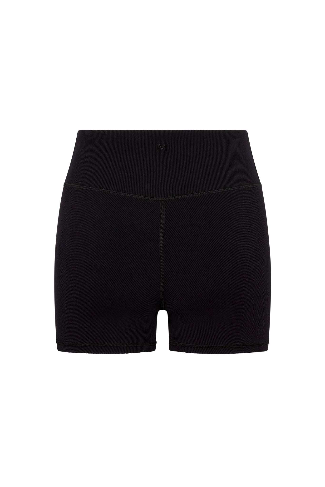Black ribbed high-waist seamless biker shorts with small embossed M on front waistband