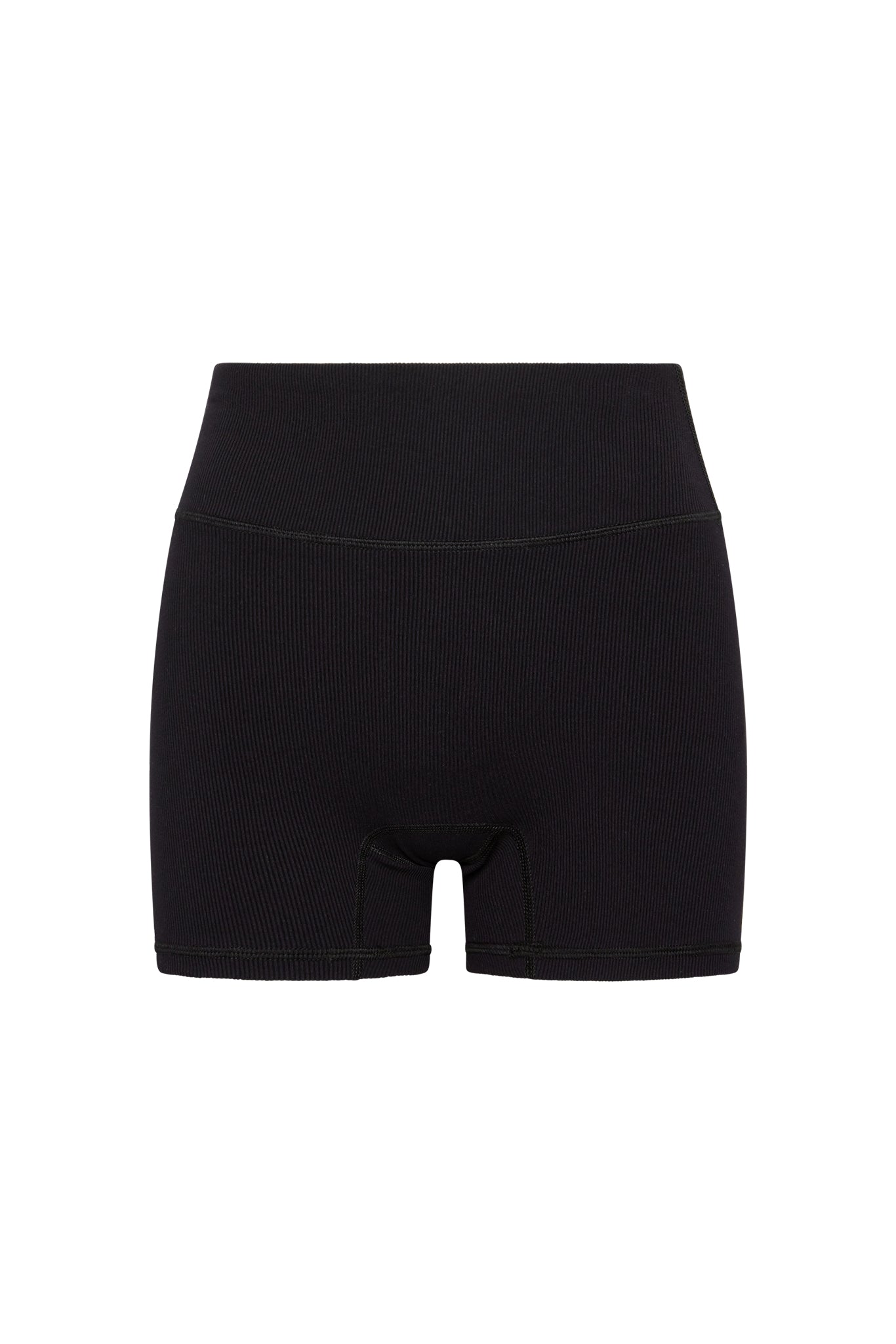 Black ribbed high-waist biker shorts with short inseam and center crotch seam on white background