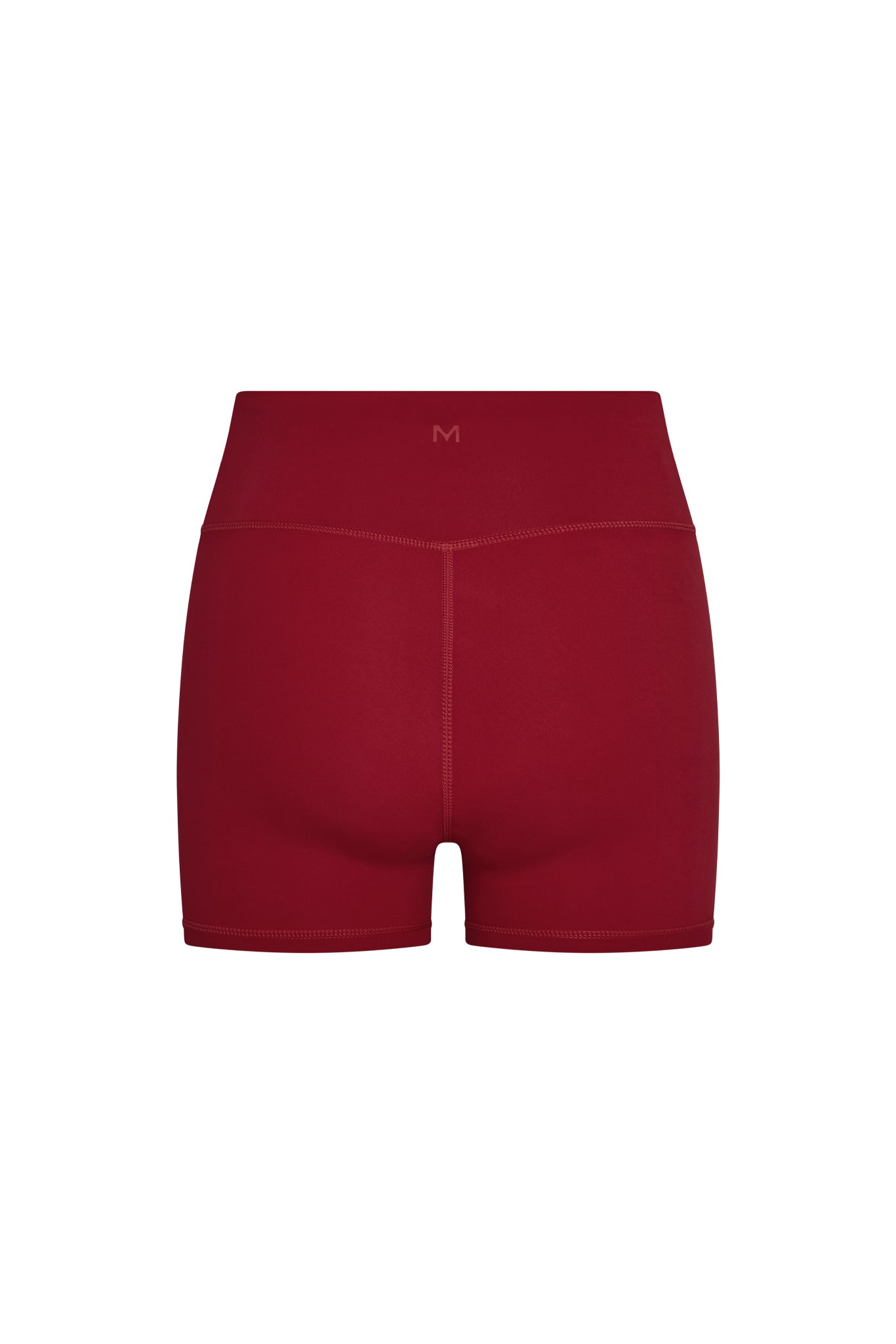 Back view of Elysian Short in cherry showing high-rise waistband, center back seam and short inseam on white background