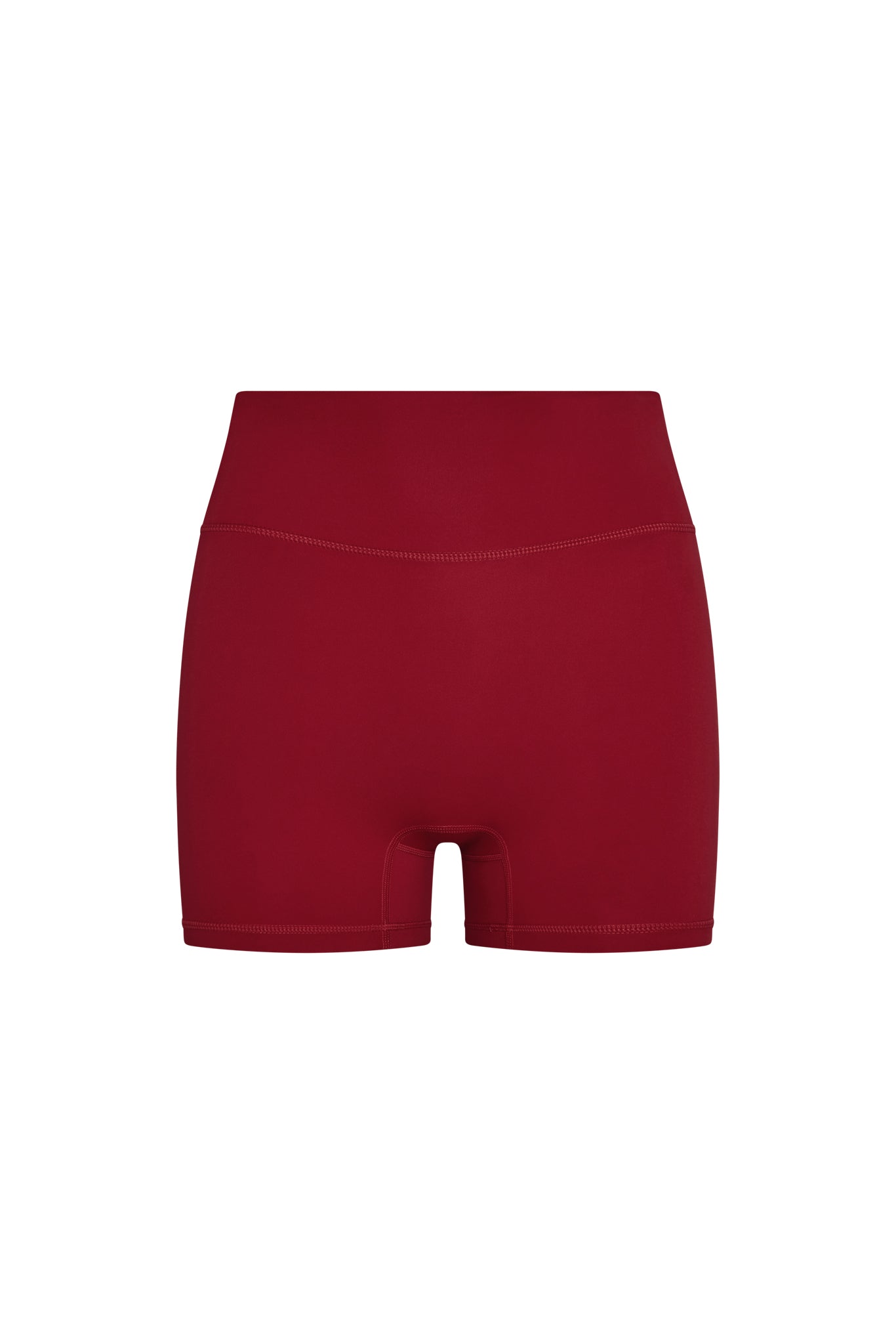 Front view of Elysian Short in cherry showing high doubled waistband, booty short cut with front pocket on white background