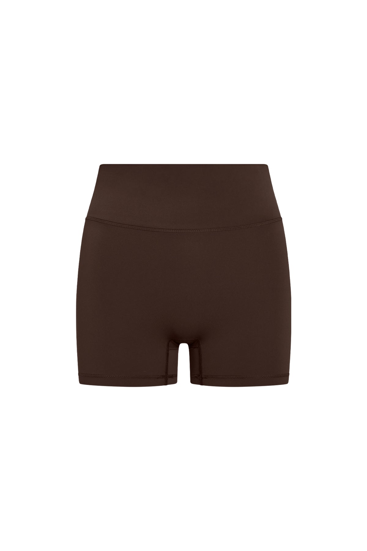 Front view of Elysian Short 4.5 inch in Espresso showcasing its high waisted doubled waistband on a white background