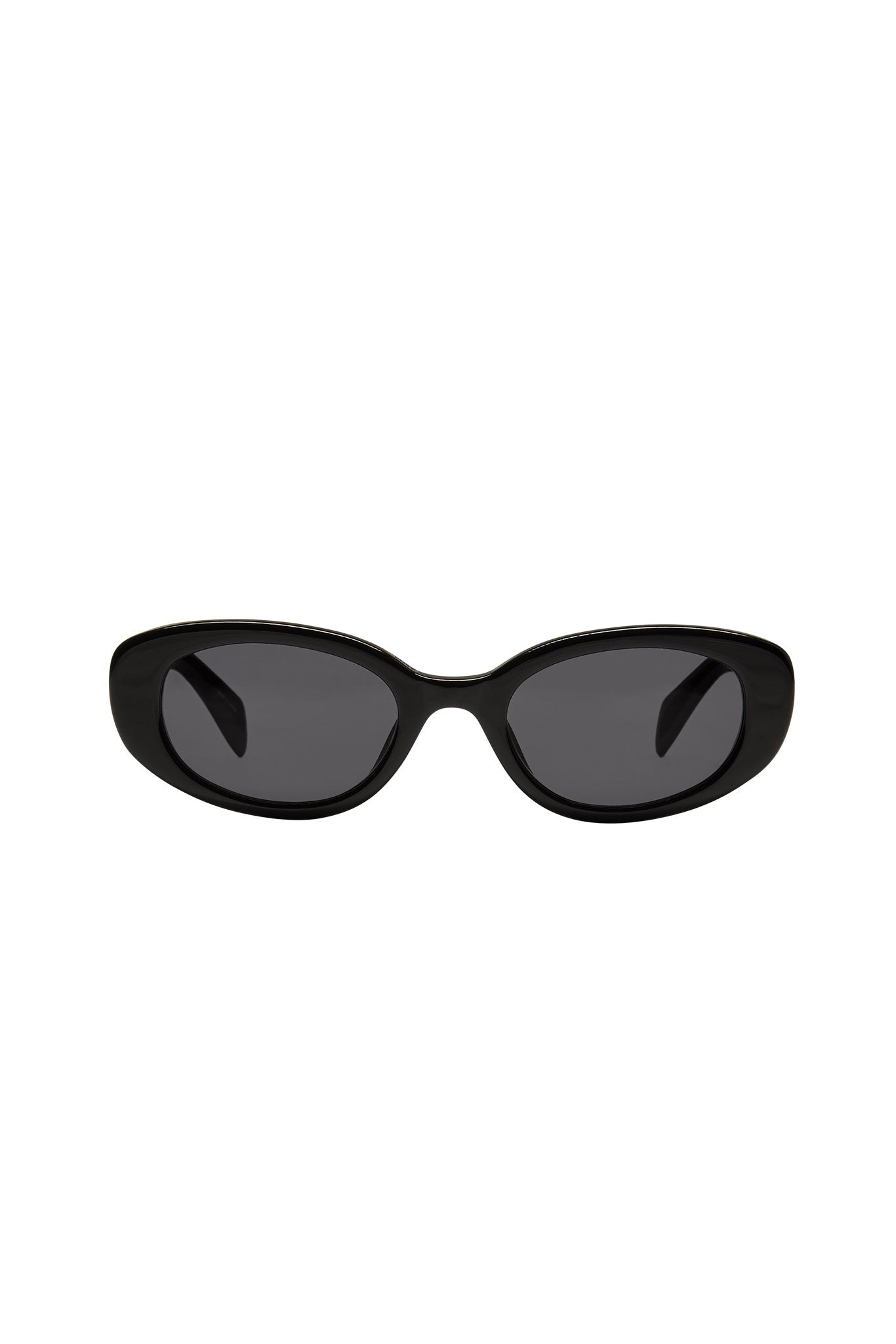 Black oval sunglasses with glossy frame and dark lenses on plain white background