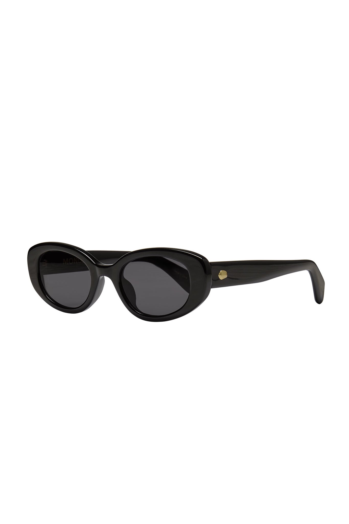Black cat-eye sunglasses with thick glossy acetate frame, dark lenses, and small gold rivet on the temple.