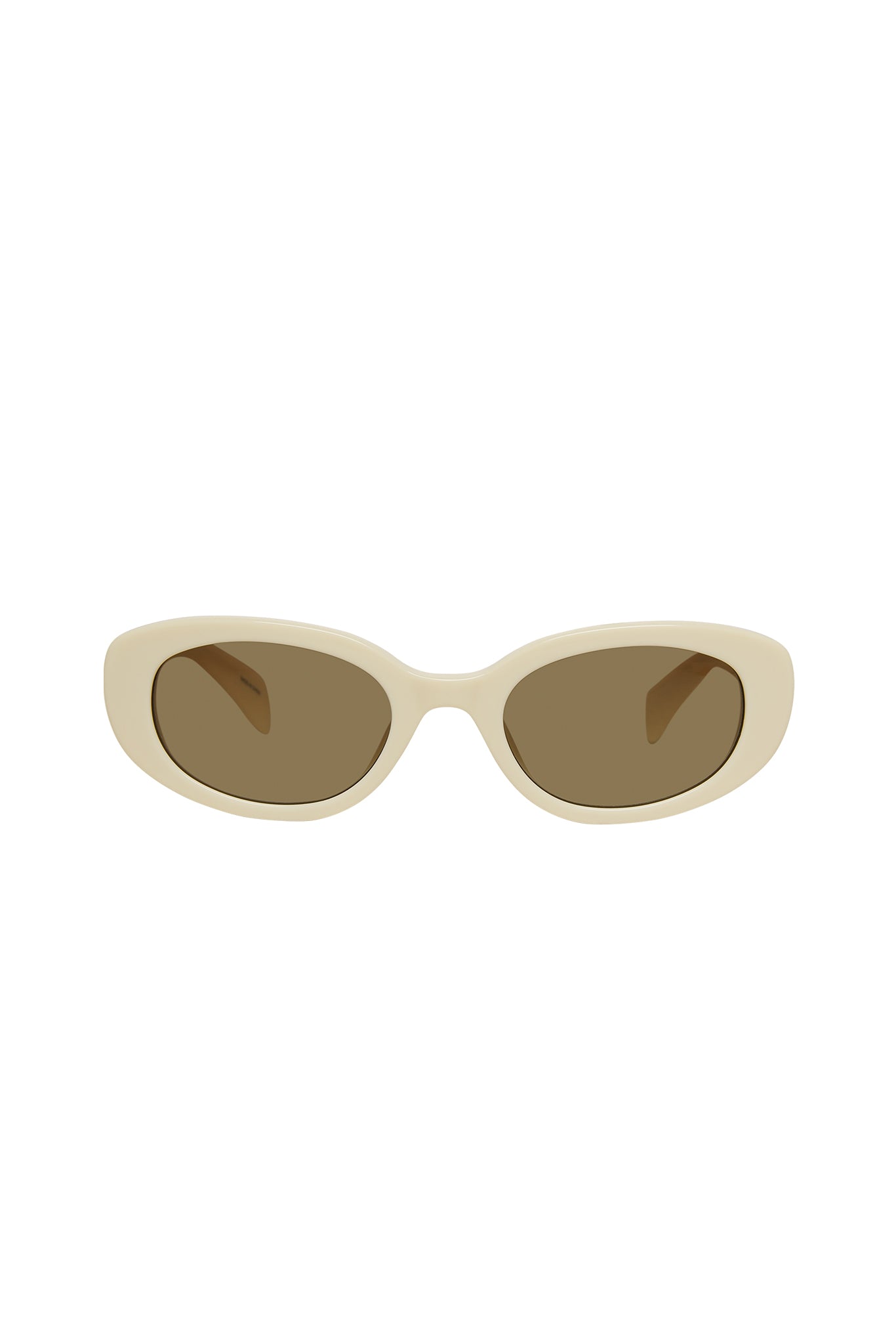 Ivory oval sunglasses with thick frame and brown lenses, front view on white background