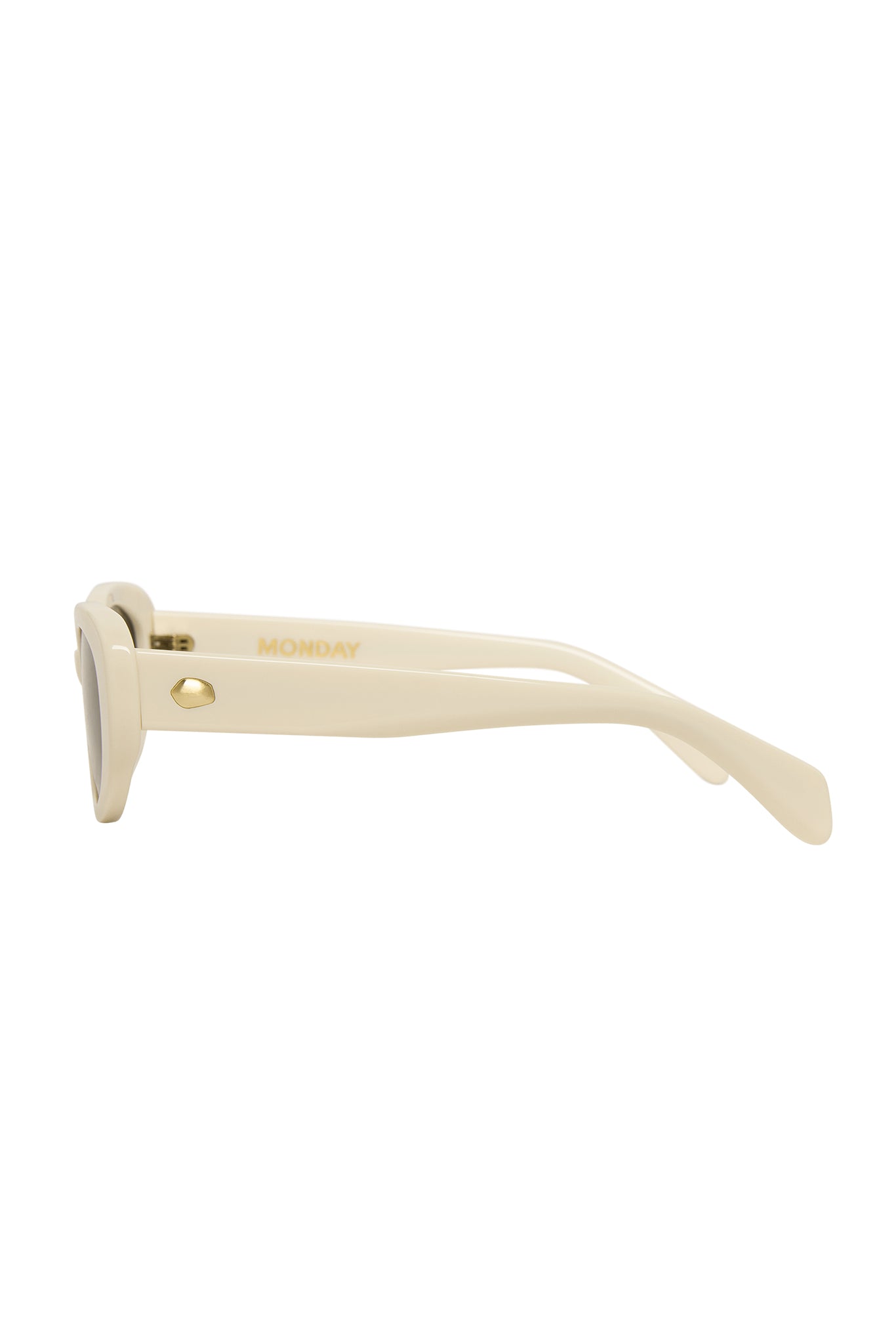 Cream plastic sunglasses, side profile showing "MONDAY" printed inside the temple.