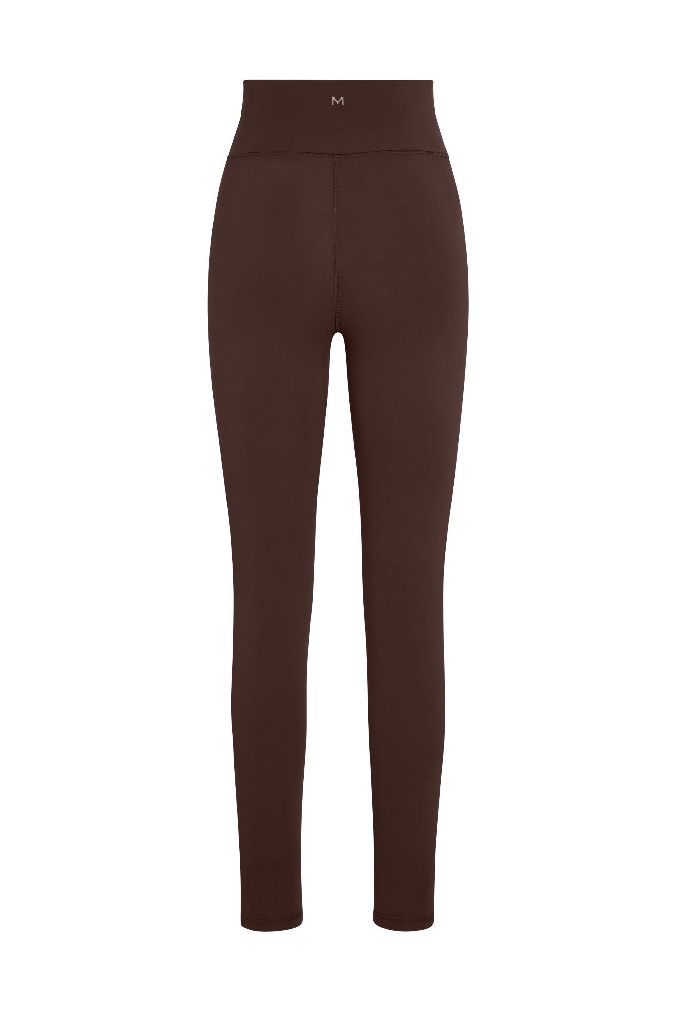 High-waist brown leggings with small 'M' logo centered on front waistband