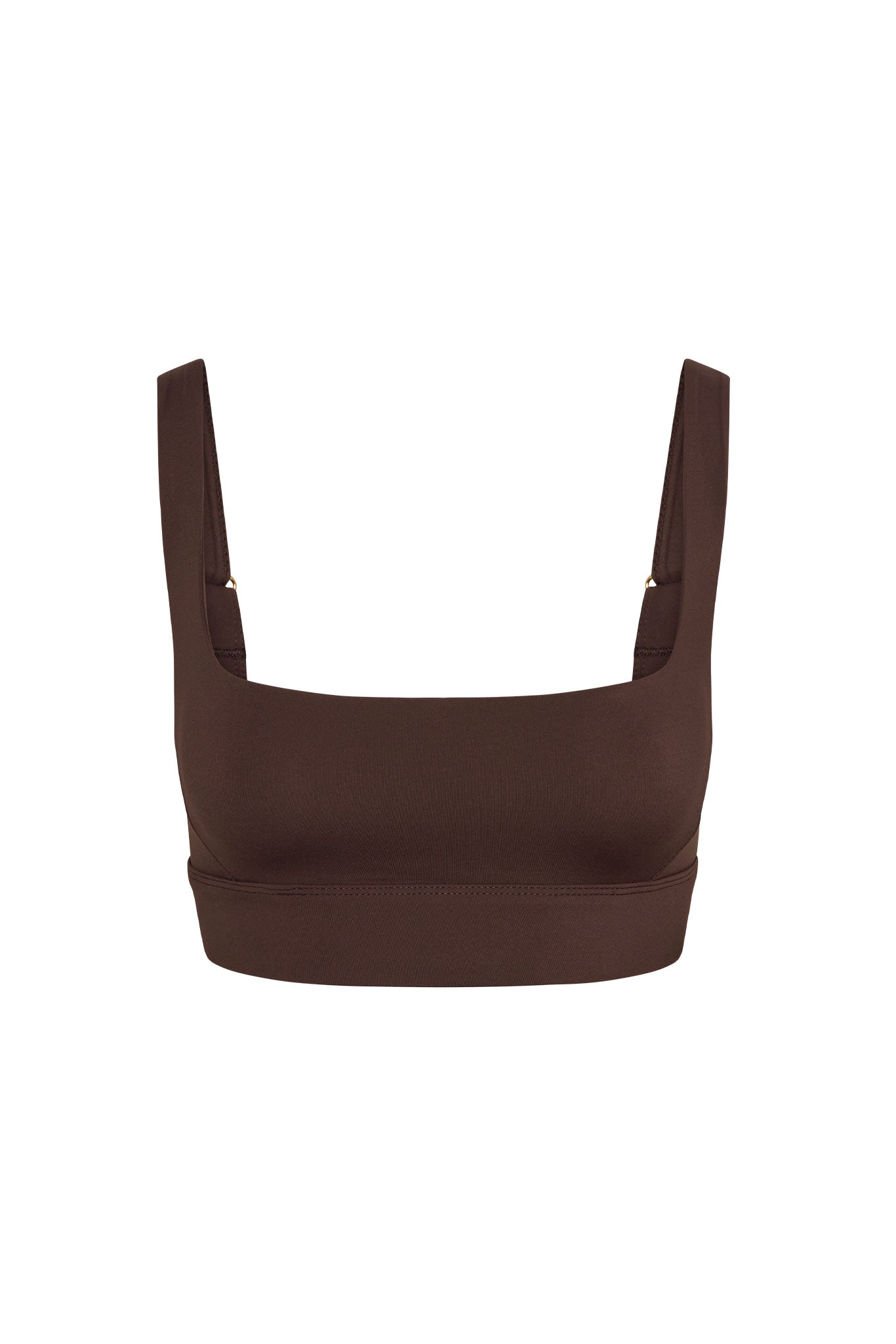 Brown square-neck sports bra with wide straps and supportive underband on white background