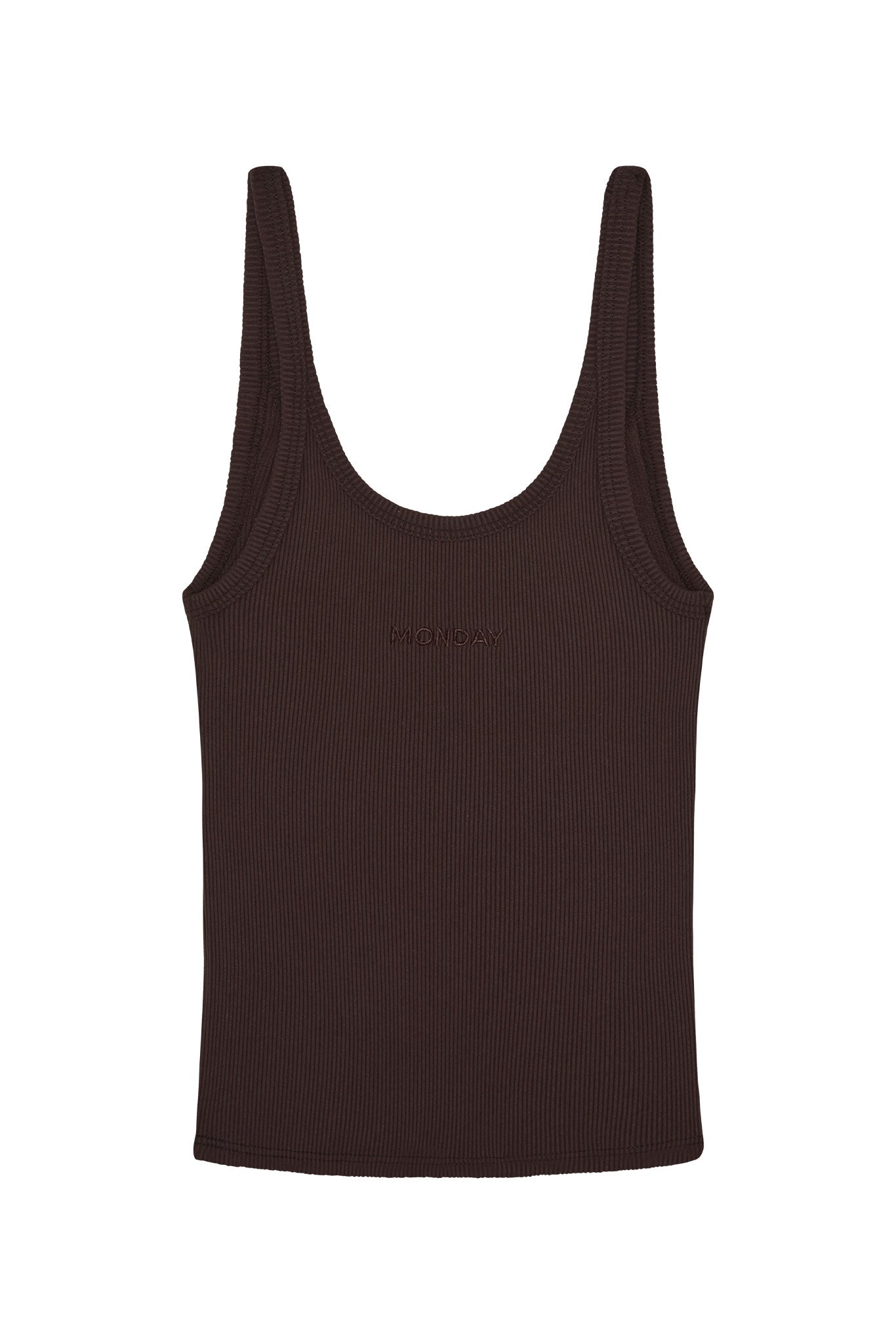 Brown ribbed tank top with MONDAY embroidered at center chest